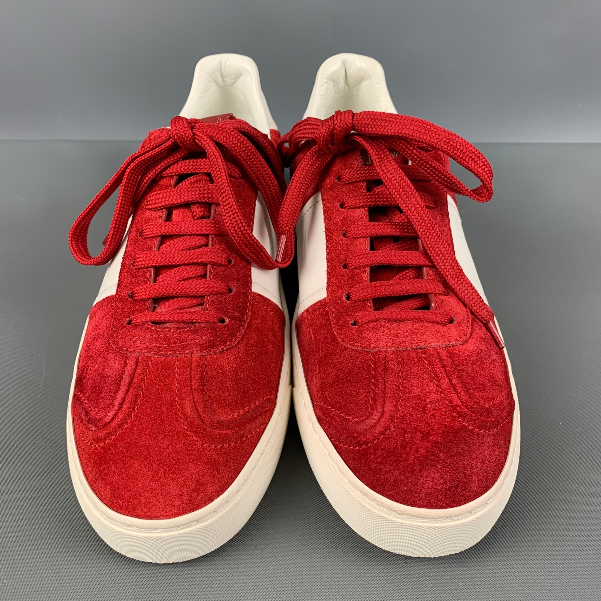Men's VALENTINO 'City Planet Rockstud' Size 8 Red White Studded Suede Sneakers