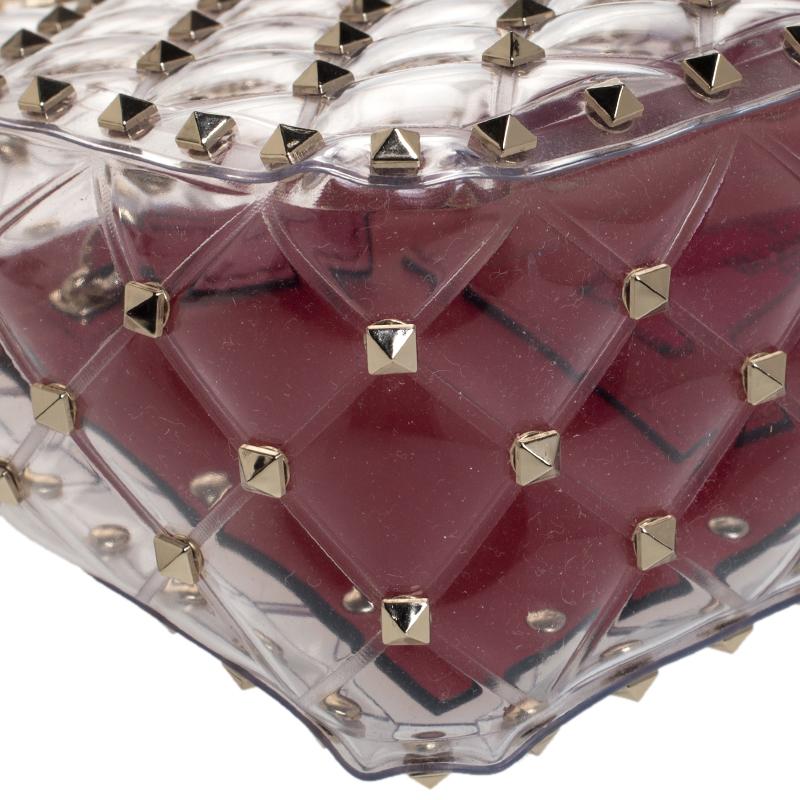 Valentino Clear/Red PVC Rockstud Spike Top Handle Bag In Excellent Condition For Sale In Dubai, Al Qouz 2