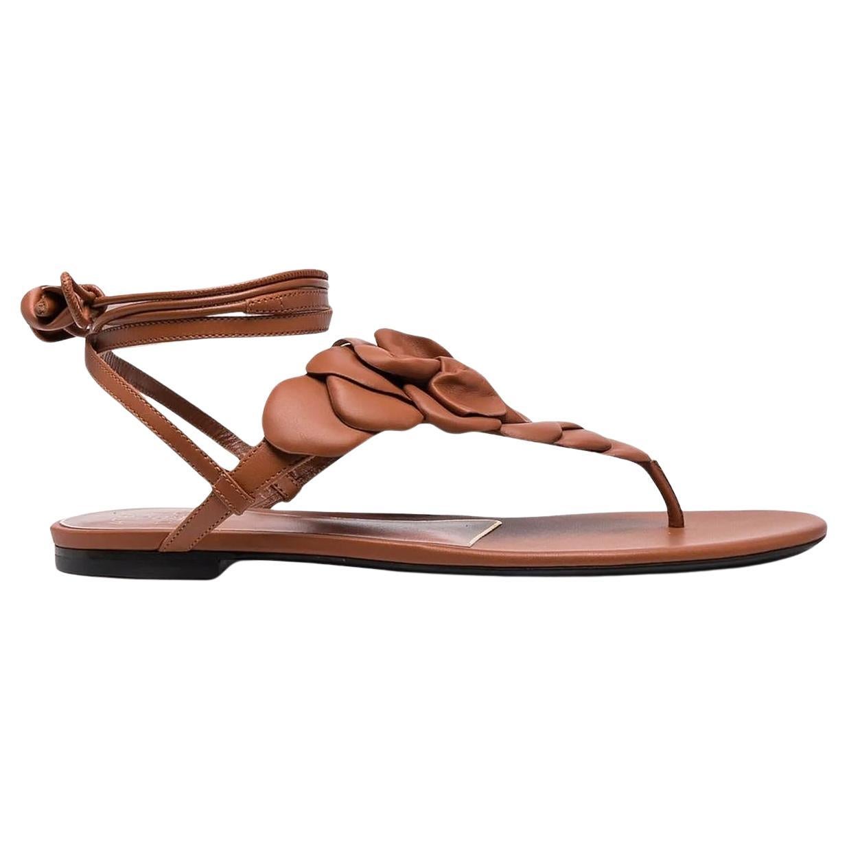 VALENTINO cognac brown leather 03 ROSE ED ATELIER Sandals Shoes 38.5 For Sale