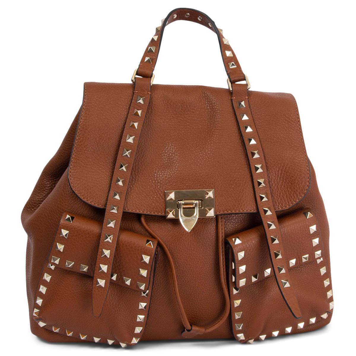 VALENTINO cognac brown leather ROCKSTUD Backpack Bag For Sale