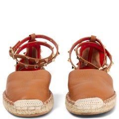 VALENTINO cognac brown leather ROCKSTUD DOUBLE WRAP Espadrilles Flats Shoes 38