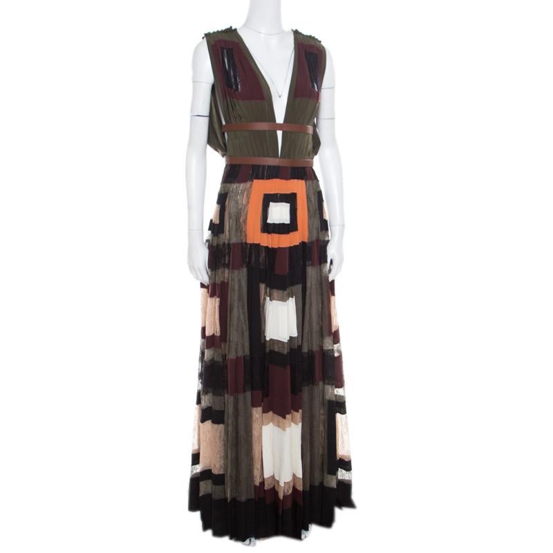 Black Valentino Colorblock Silk and Lace Paneled Leather Trim Plunge Neck Maxi Dress S