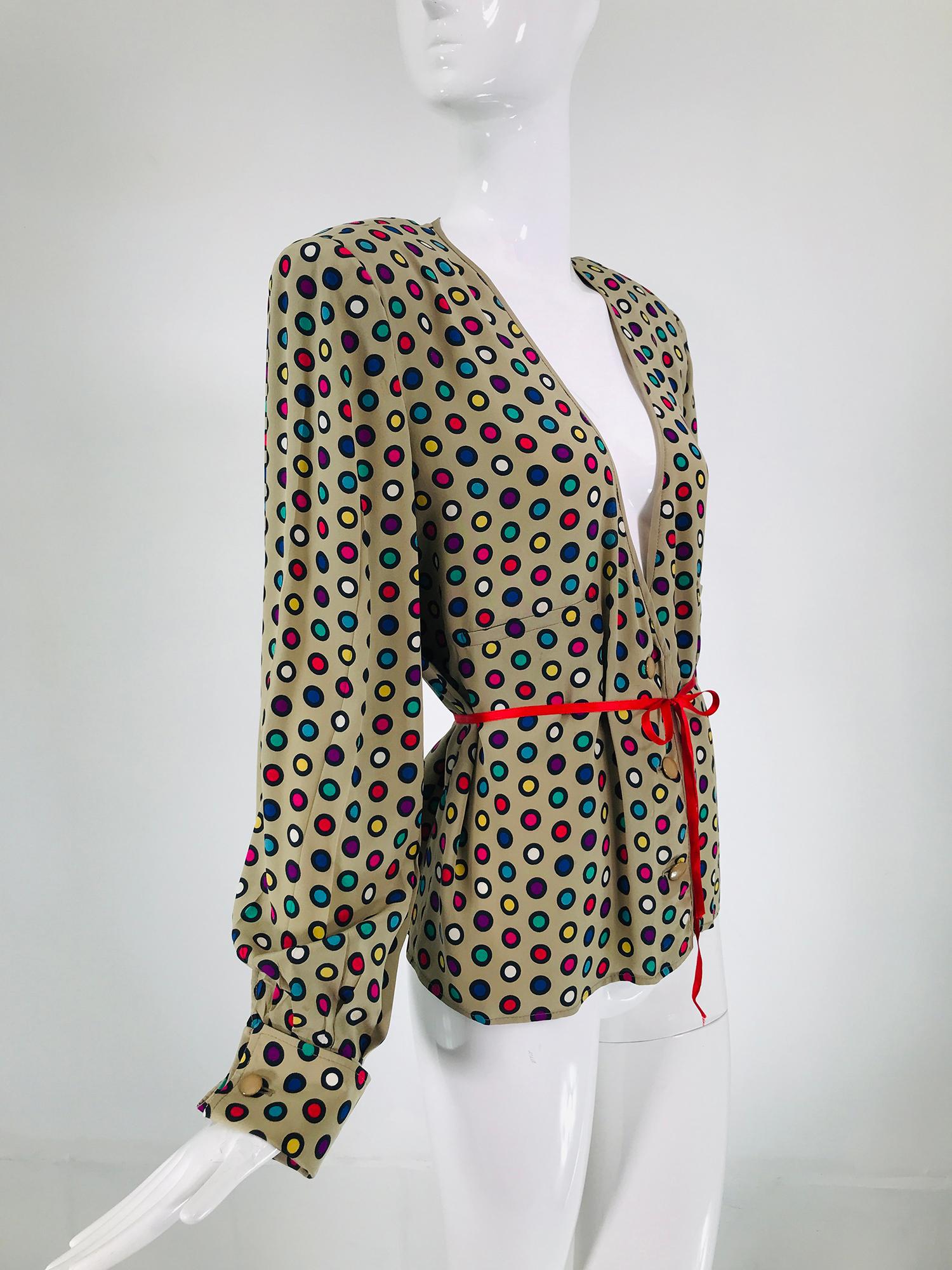 Valentino Coloured Circles Silk V Neck Button Front Jacket 1980s In Good Condition In West Palm Beach, FL