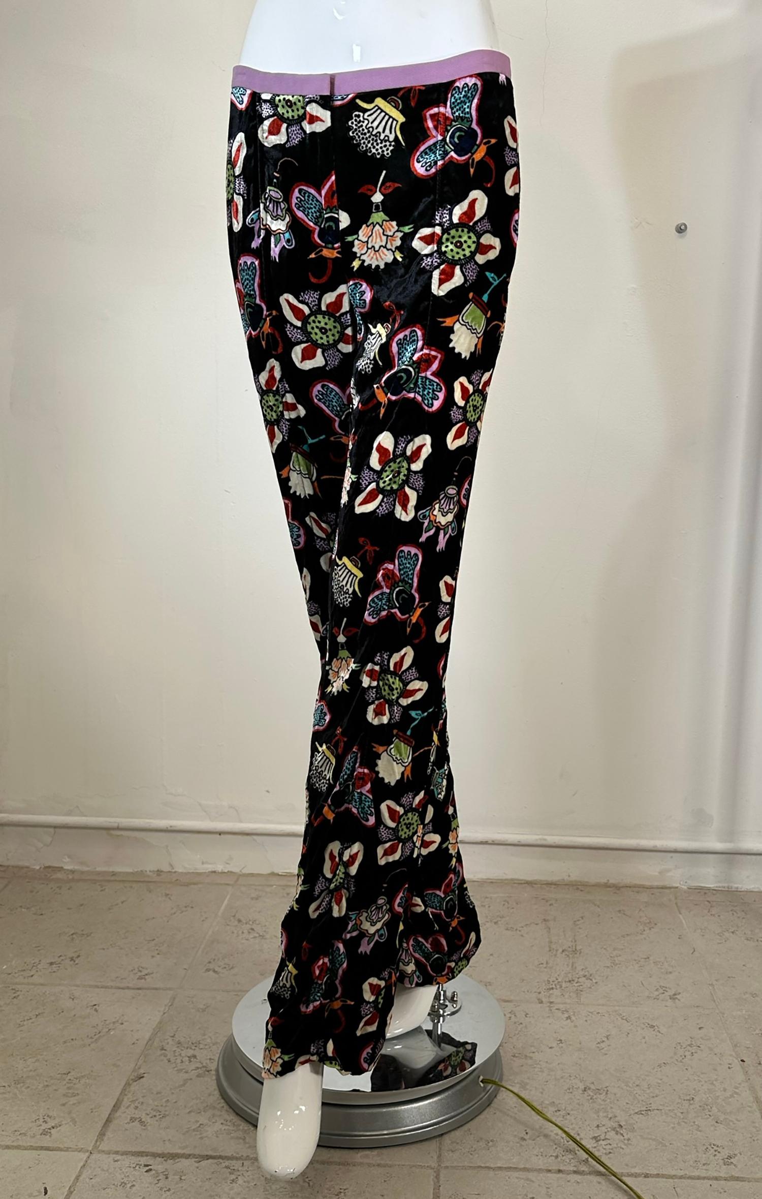 Black Valentino Colourful Abstract Printed Velvet Trousers 4 For Sale