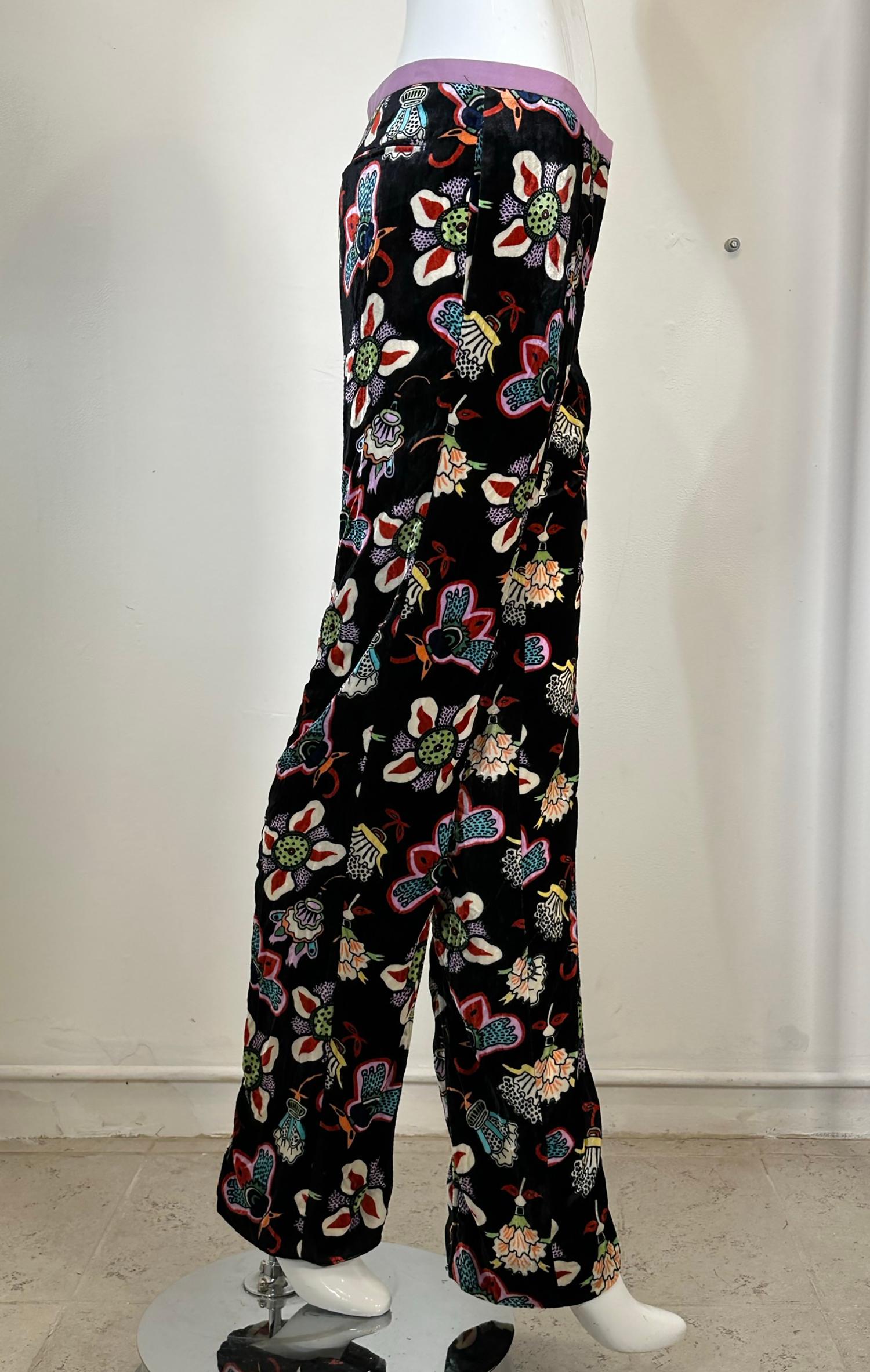 Valentino Colourful Abstract Printed Velvet Trousers 4 For Sale 3