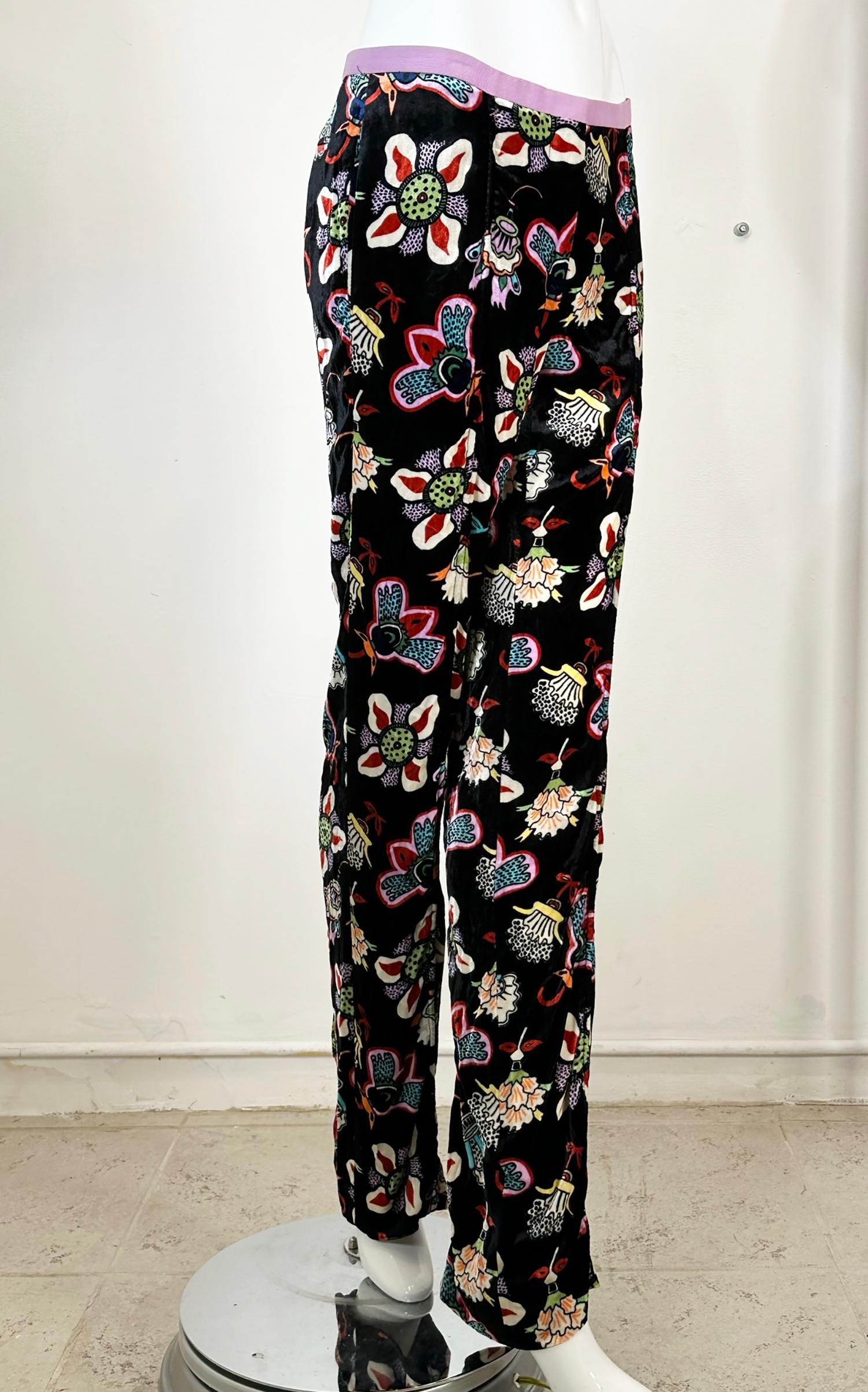 Valentino Colourful Abstract Printed Velvet Trousers 4 For Sale 4