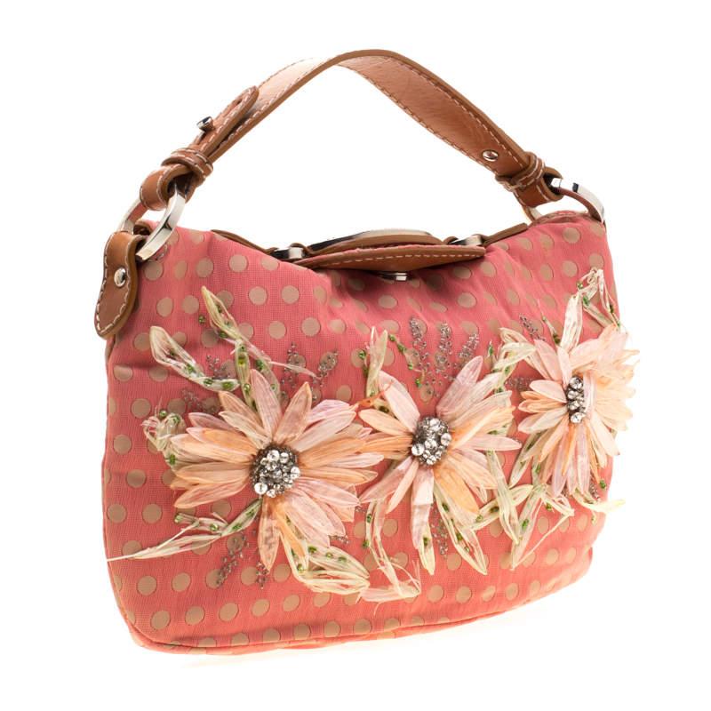 Valentino Coral/Brown Polka Dots Canvas and Leather Flower Embellished Tote en vente 6