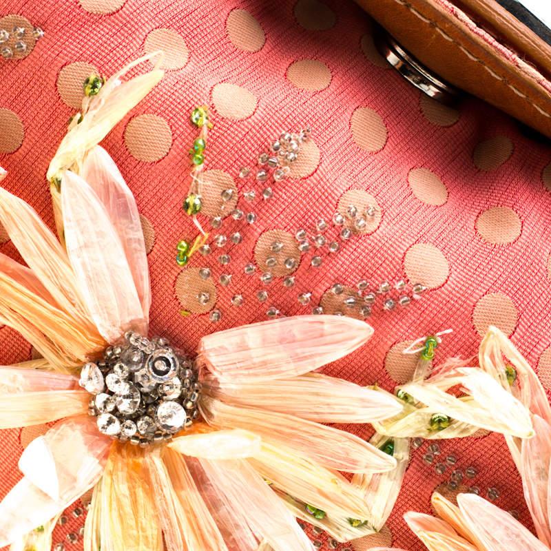 Valentino Coral/Brown Polka Dots Canvas and Leather Flower Embellished Tote In Good Condition For Sale In Dubai, Al Qouz 2