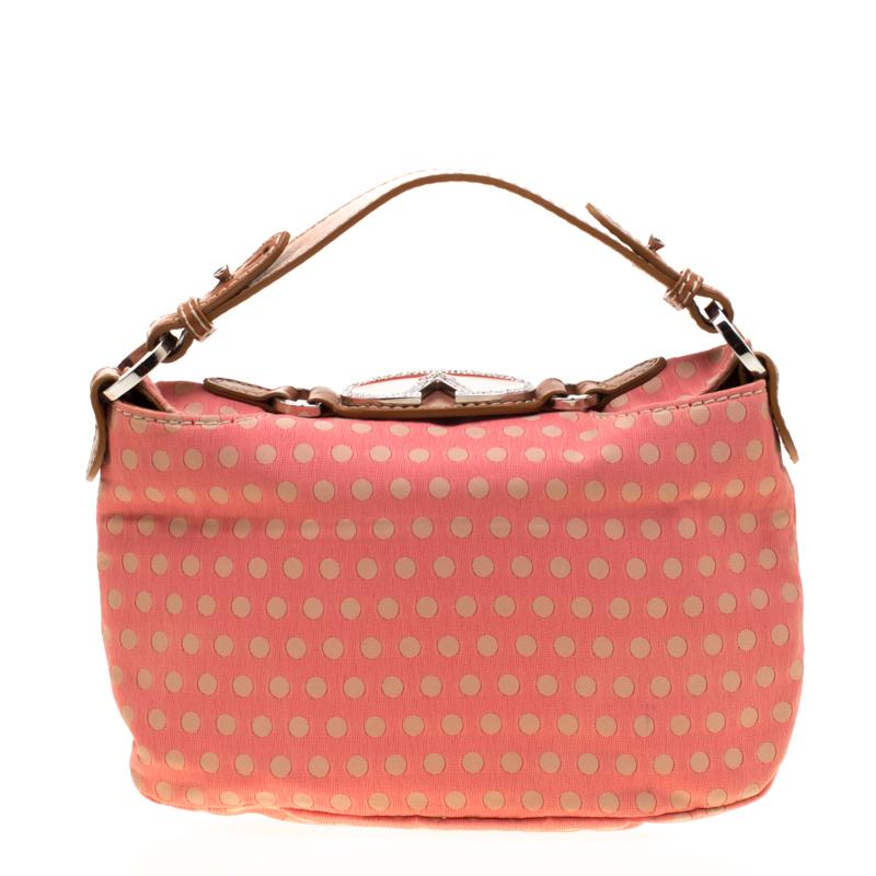 Valentino Coral/Brown Polka Dots Canvas and Leather Flower Embellished Tote In Good Condition In Dubai, Al Qouz 2