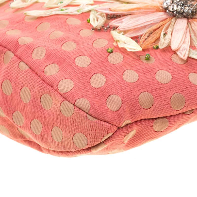 Valentino Coral/Brown Polka Dots Canvas and Leather Flower Embellished Tote Pour femmes en vente