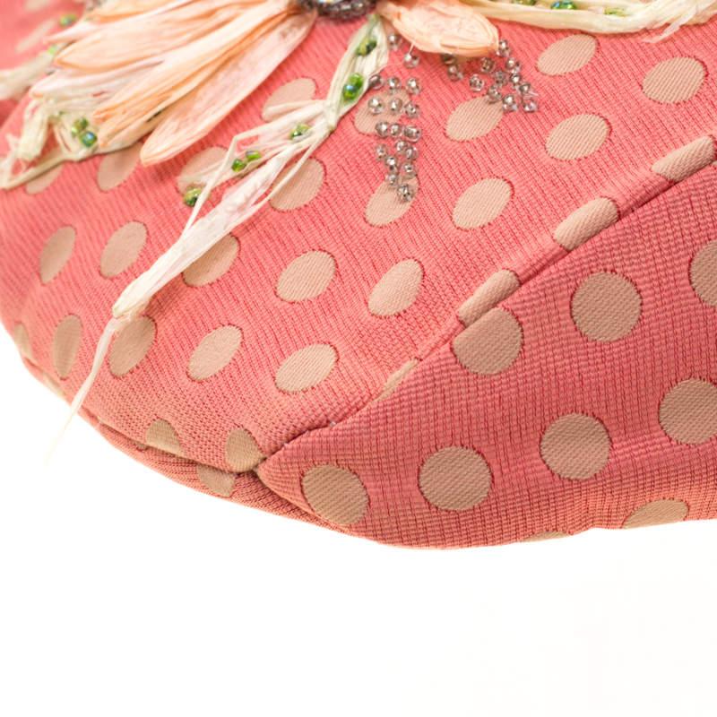 Valentino Coral/Brown Polka Dots Canvas and Leather Flower Embellished Tote en vente 1