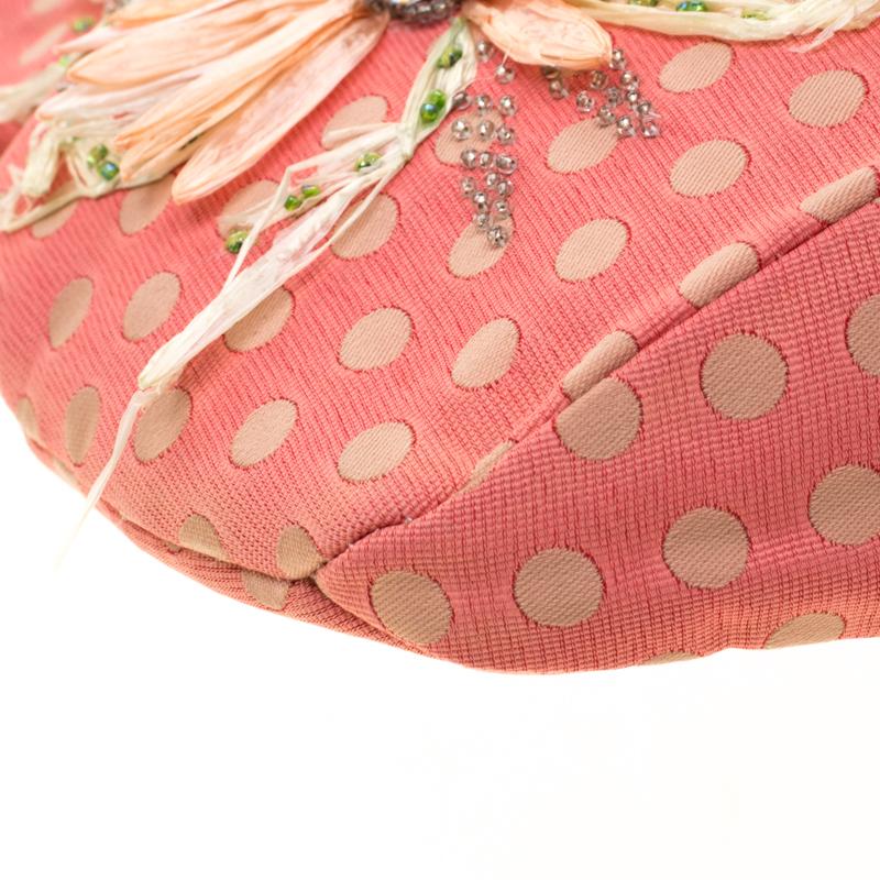 Valentino Coral/Brown Polka Dots Canvas and Leather Flower Embellished Tote 3