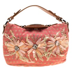Valentino Coral/Brown Polka Dots Canvas and Leather Flower Embellished Tote