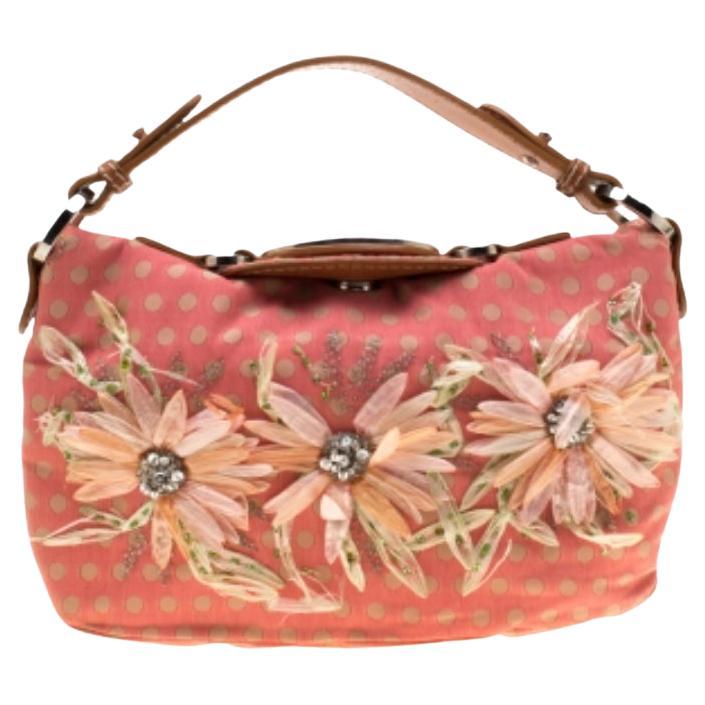 Valentino Coral/Brown Polka Dots Canvas and Leather Flower Embellished Tote