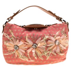 Valentino Coral/Brown Polka Dots Canvas and Leather Flower Embellished Tote