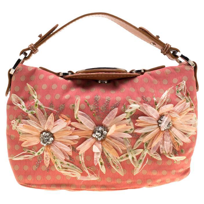 Valentino Coral/Brown Polka Dots Canvas and Leather Flower Embellished Tote en vente