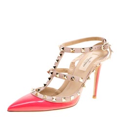 Valentino Coral Pink and Beige Leather Rockstud Sandals Size 38