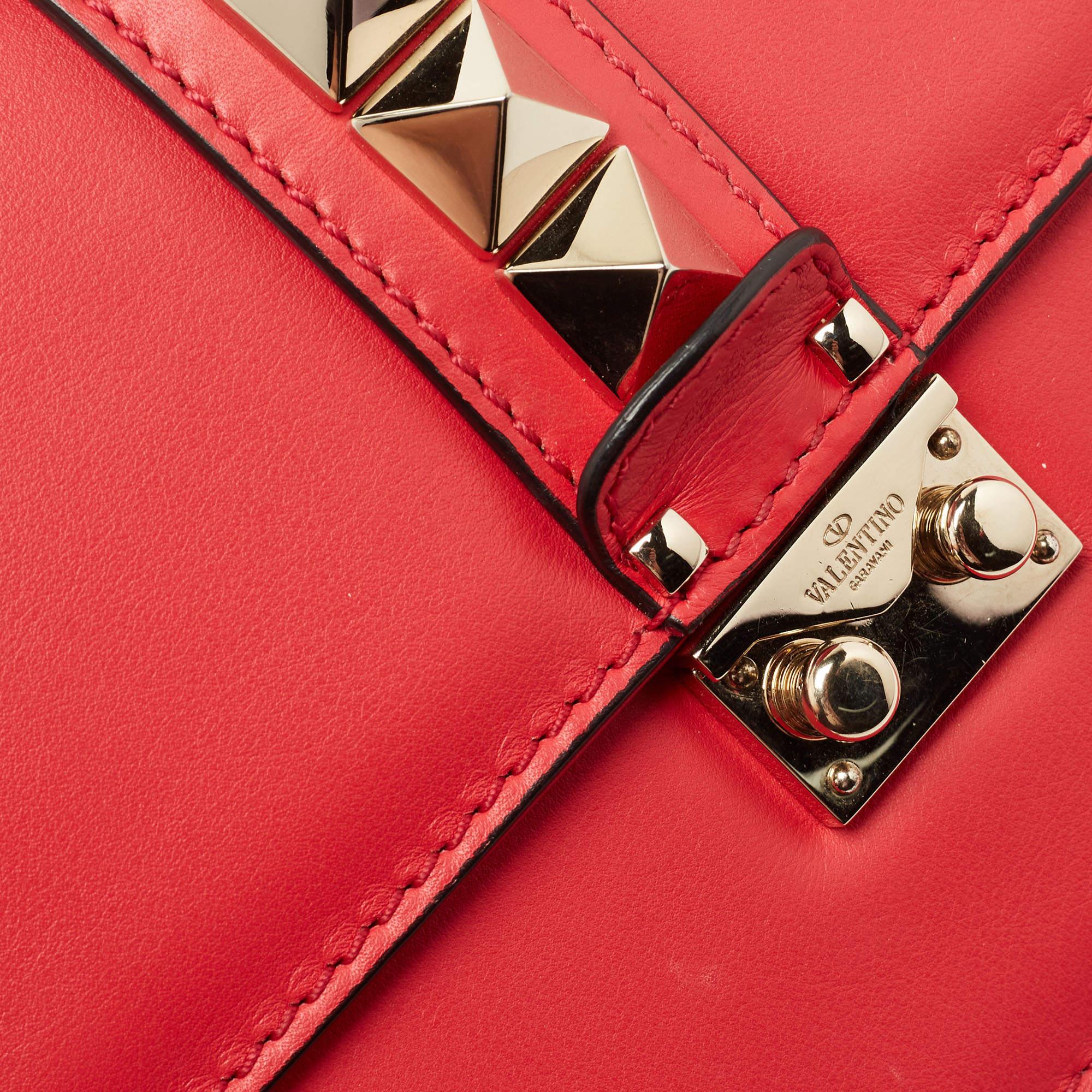 Valentino Coral Red Leather Medium Glam Lock Chain Shoulder Bag 8