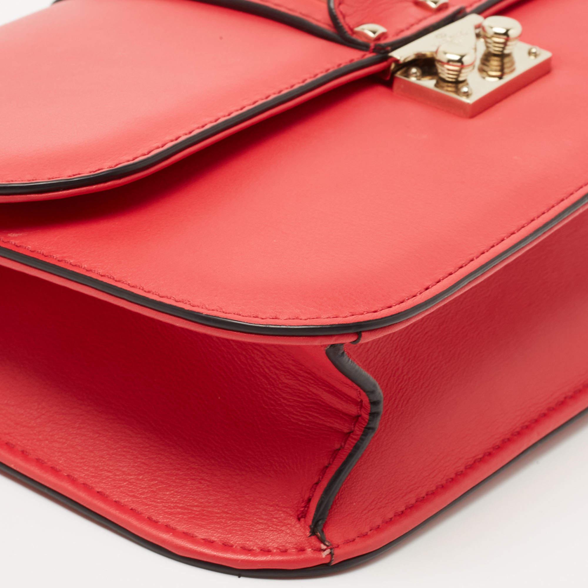 Valentino Coral Red Leather Medium Glam Lock Chain Shoulder Bag 2