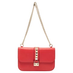 Valentino Coral Red Leather Medium Glam Lock Chain Shoulder Bag