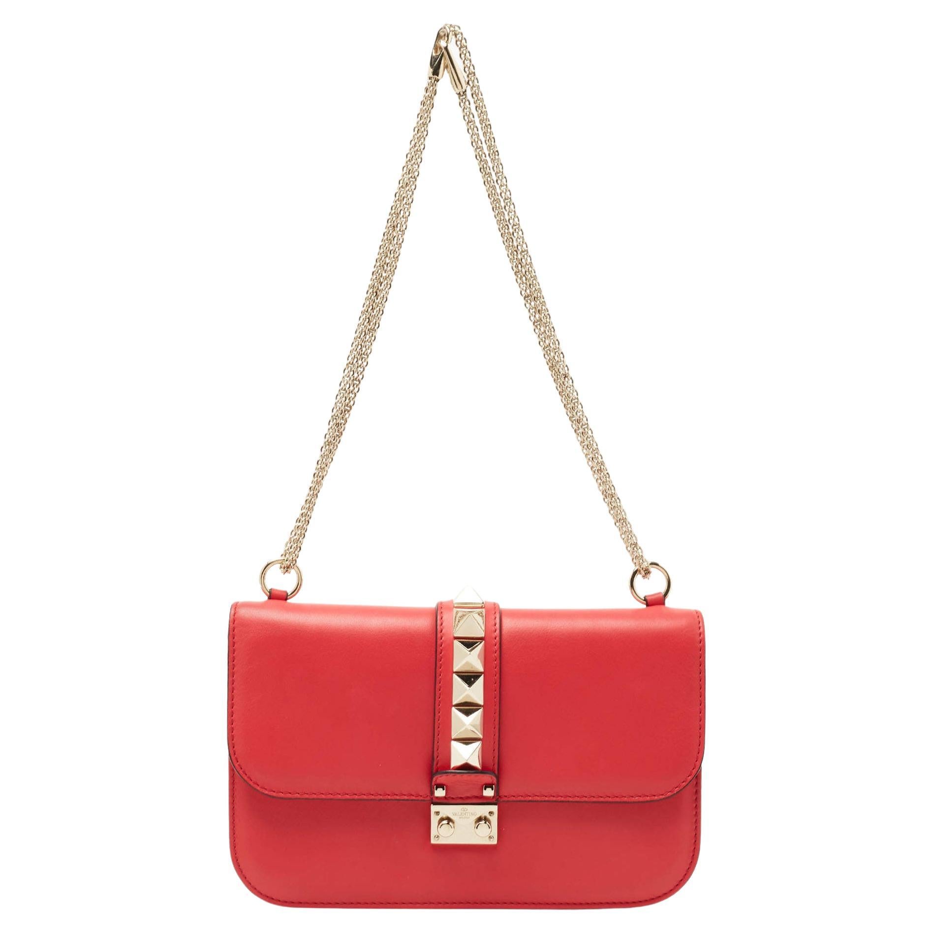 Valentino Coral Red Leather Medium Glam Lock Chain Shoulder Bag For Sale