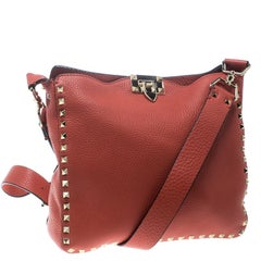 Valentino Coral Red Leather Rockstud Messenger Bag