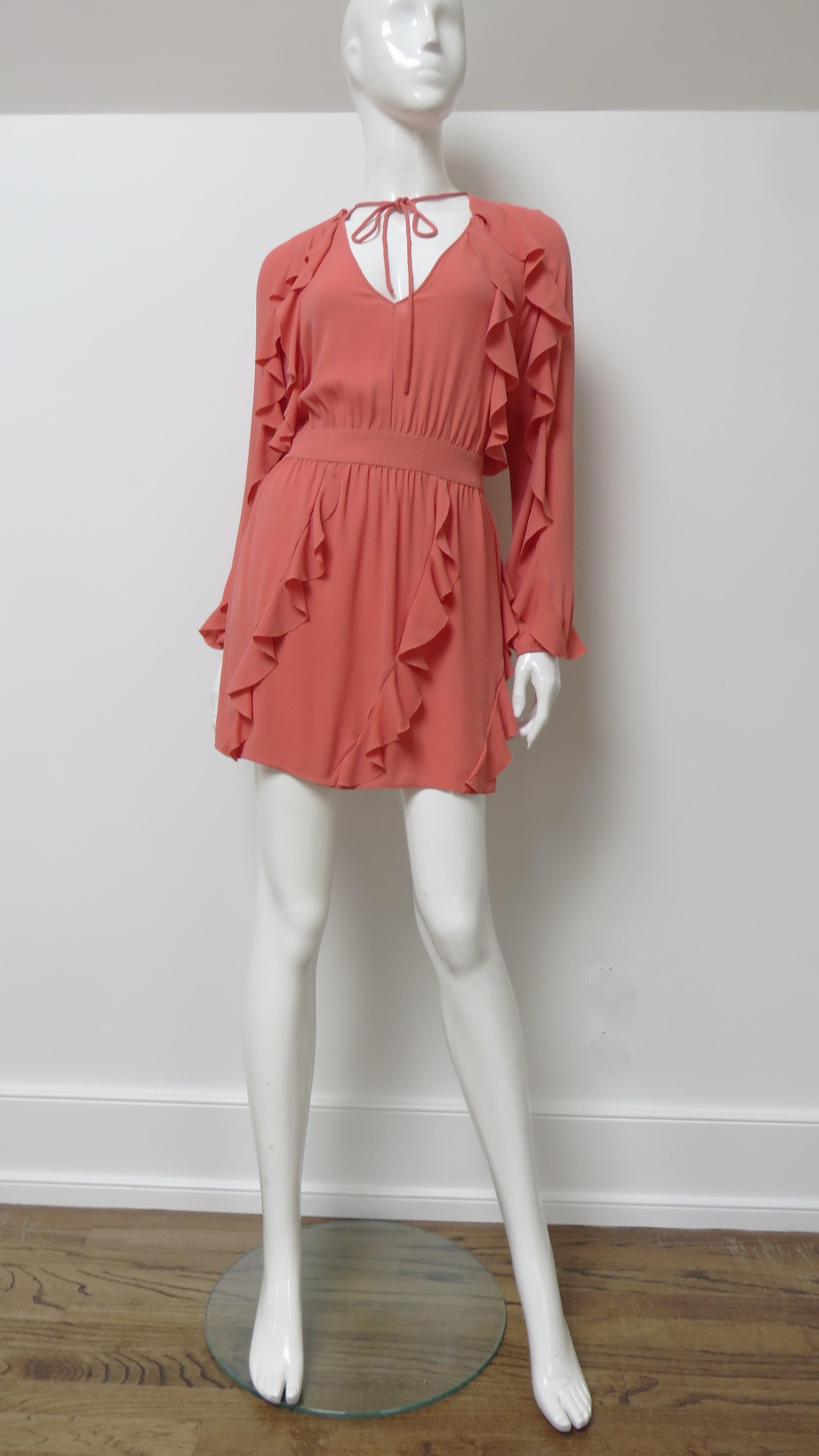 Valentino Coral Silk Ruffle Trim Dress For Sale 4