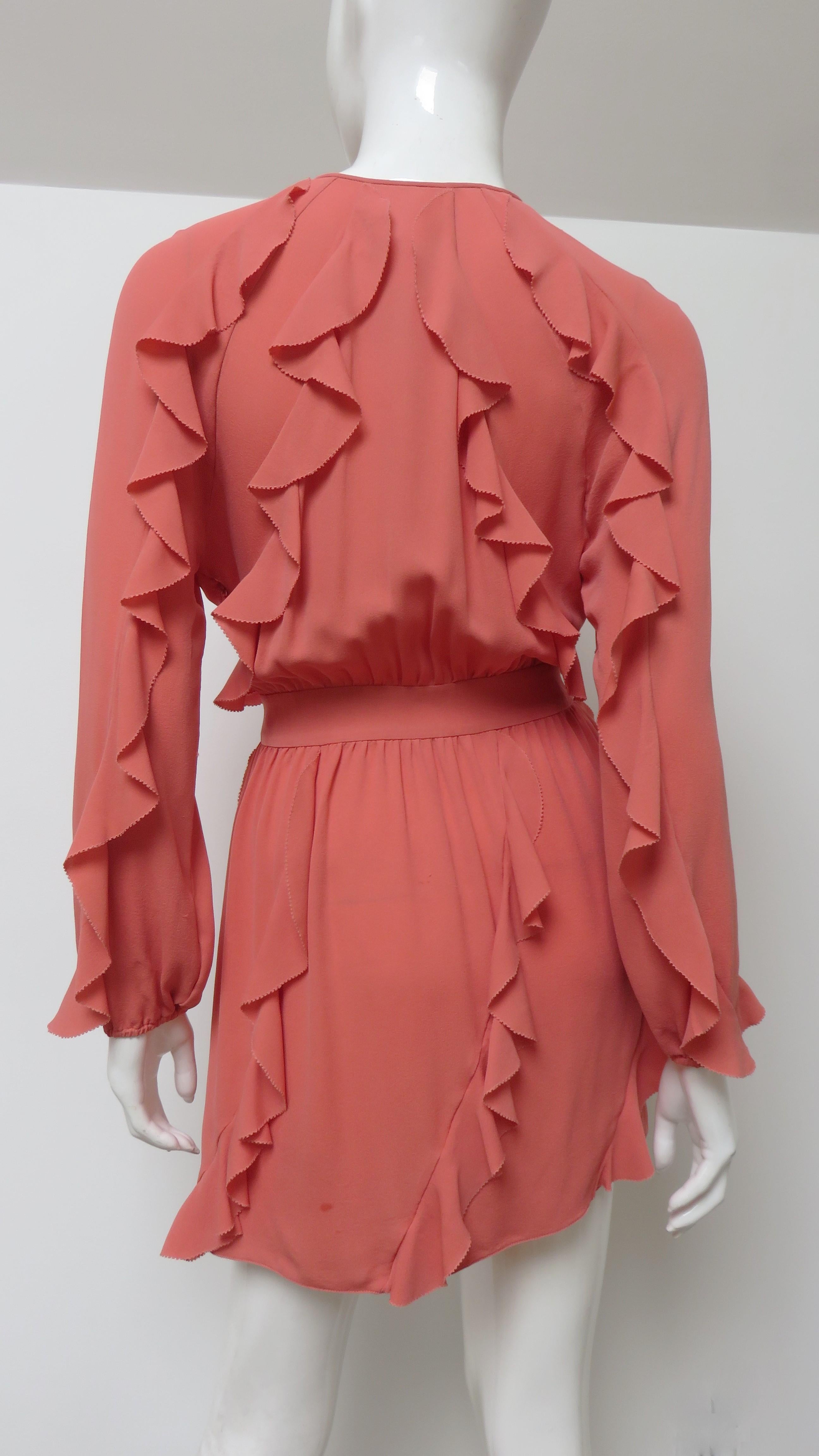 Valentino Coral Silk Ruffle Trim Dress For Sale 5