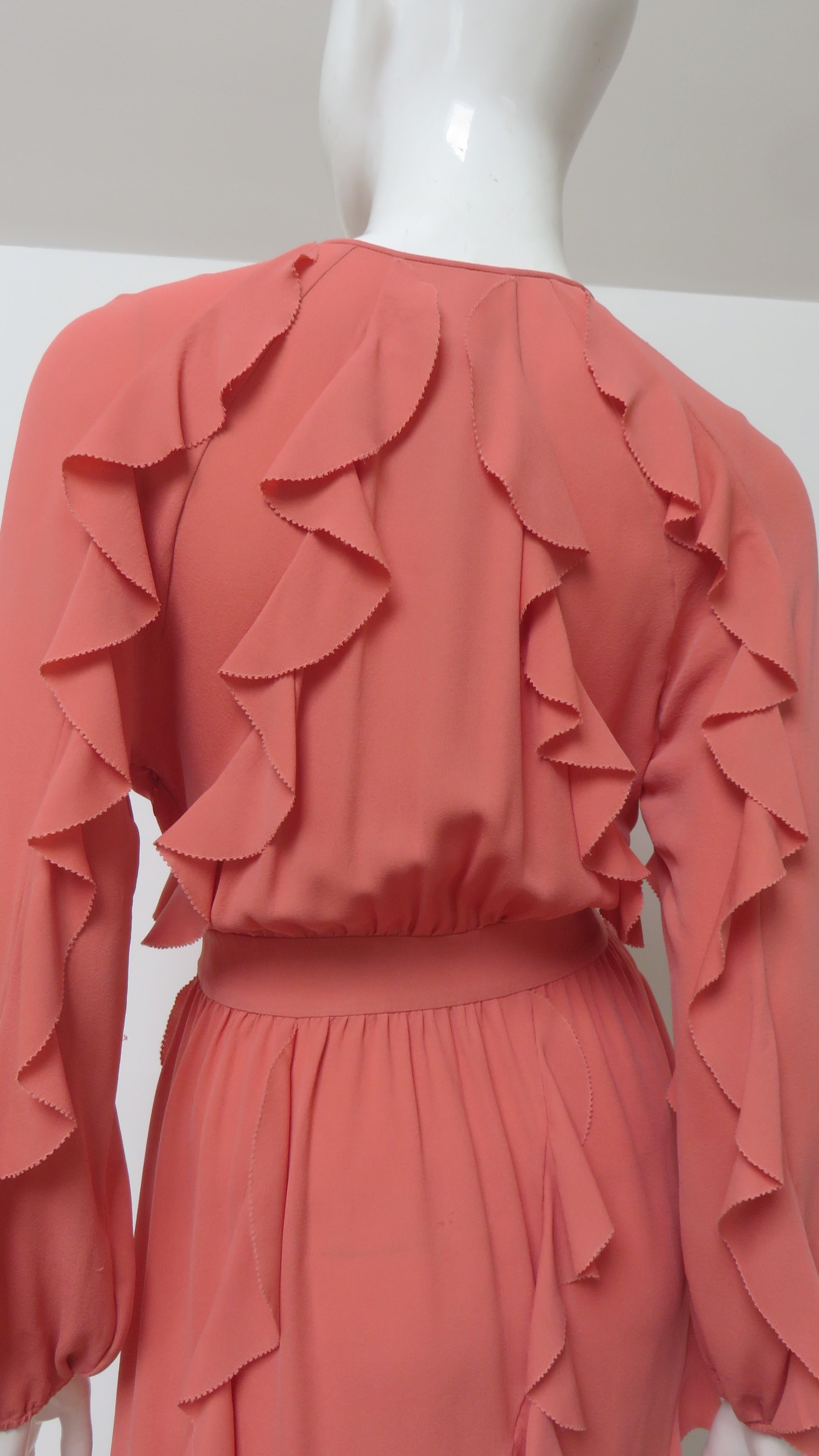 Valentino Coral Silk Ruffle Trim Dress For Sale 6