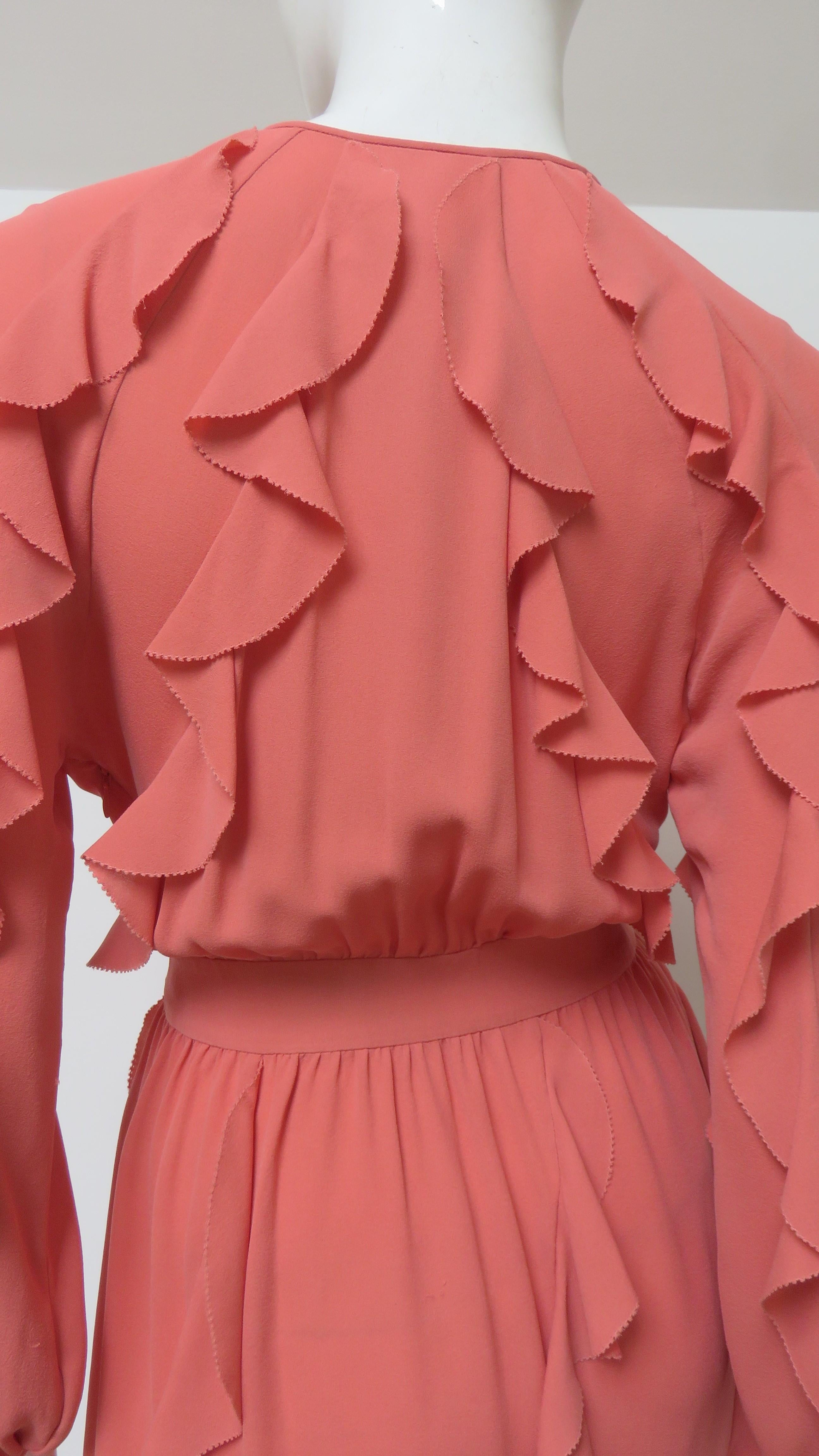 Valentino Coral Silk Ruffle Trim Dress For Sale 7