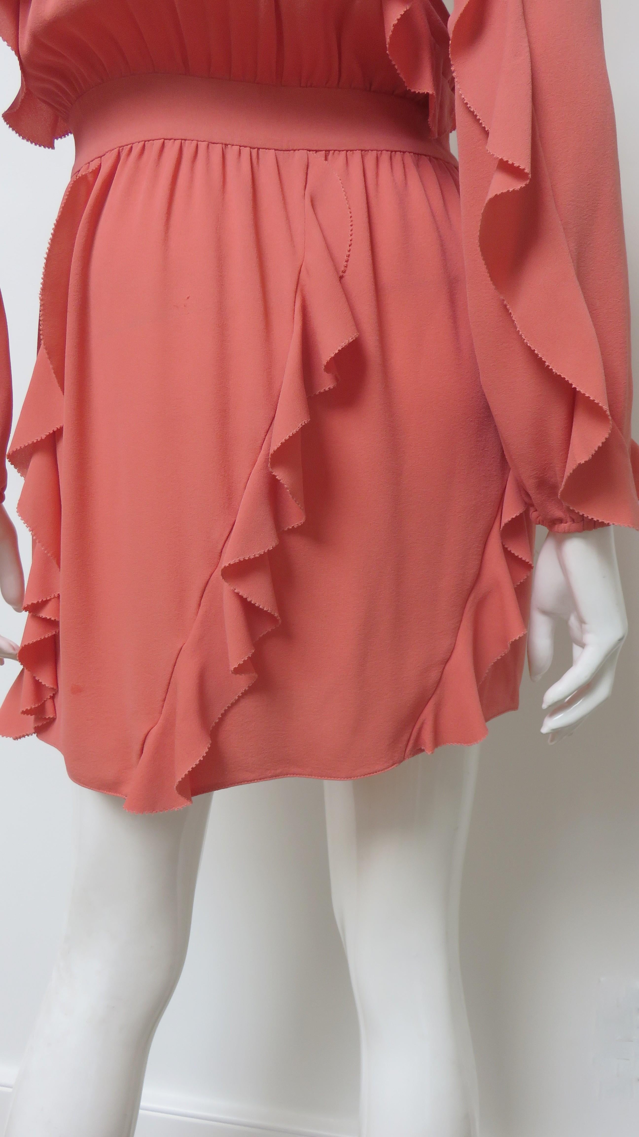 Valentino Coral Silk Ruffle Trim Dress For Sale 8