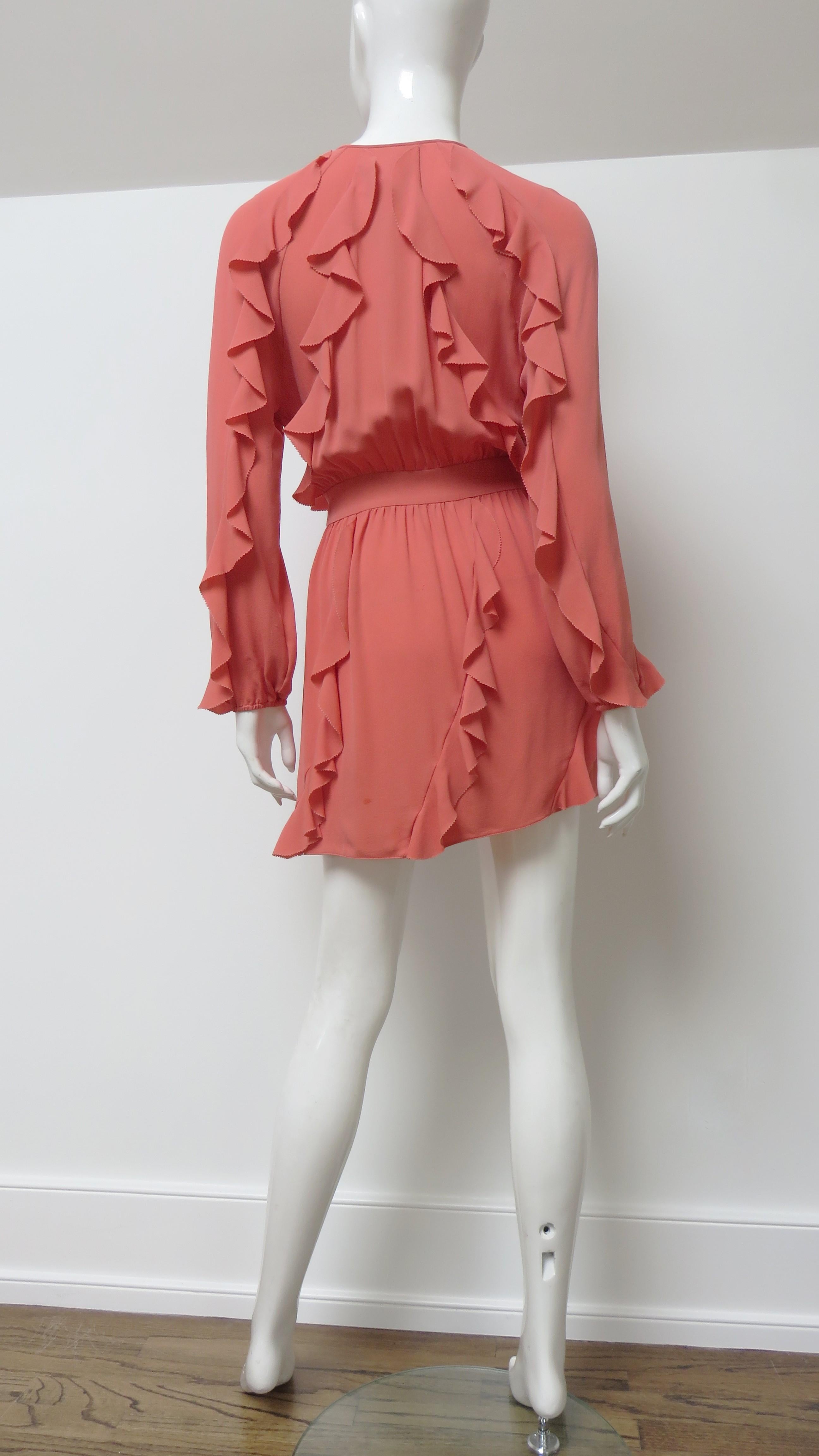 Valentino Coral Silk Ruffle Trim Dress For Sale 9