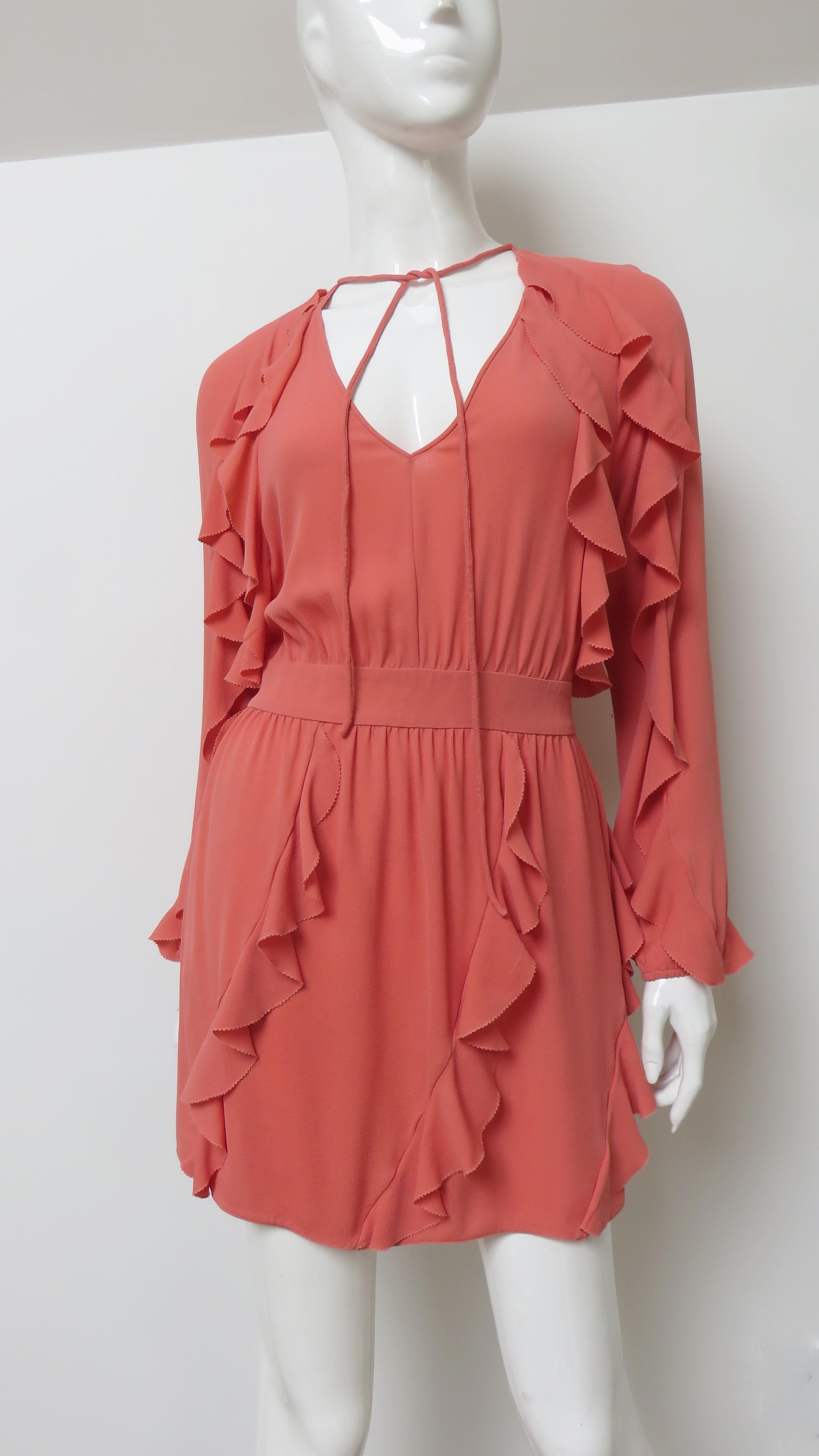 Pink Valentino Coral Silk Ruffle Trim Dress For Sale