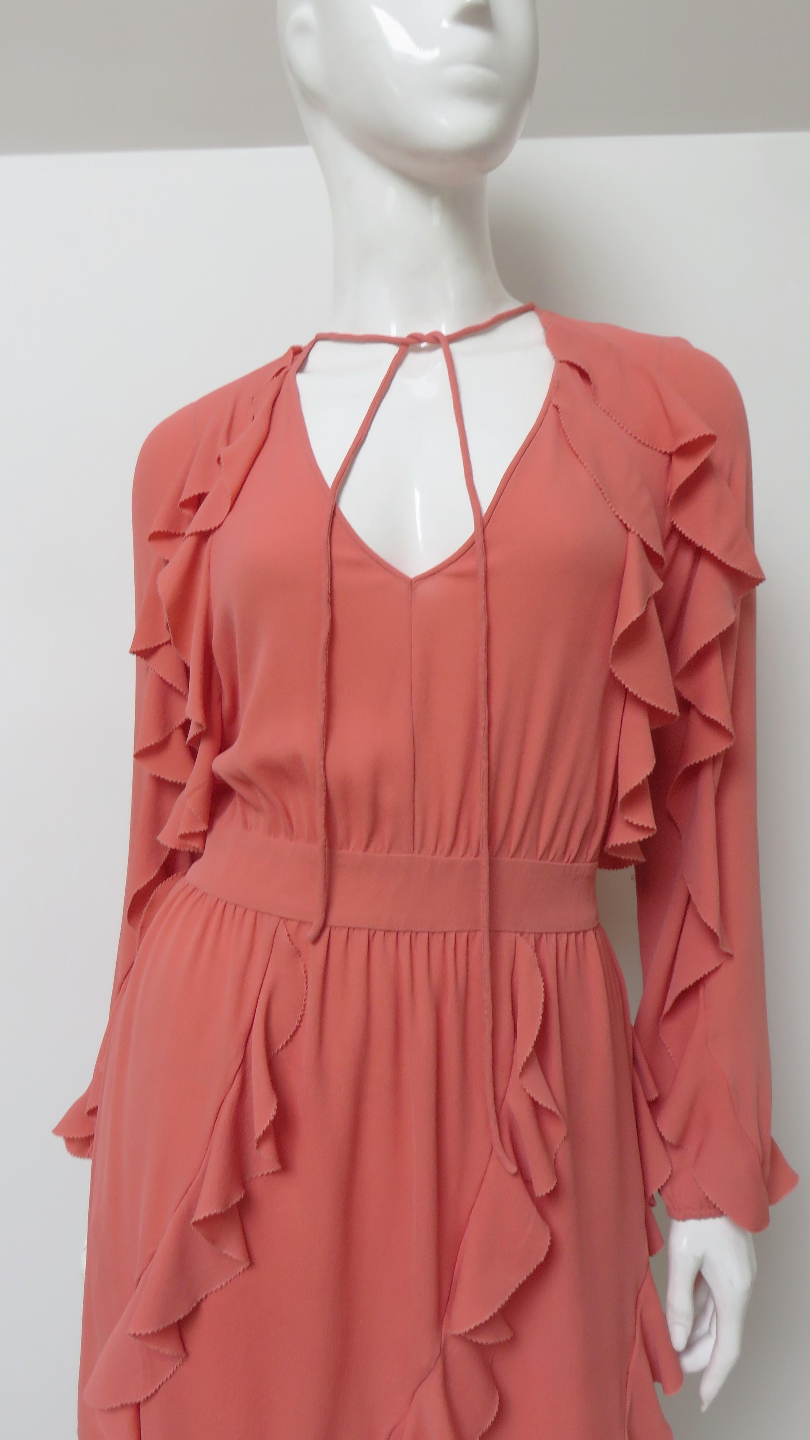 Valentino Coral Silk Ruffle Trim Dress In Good Condition For Sale In Water Mill, NY