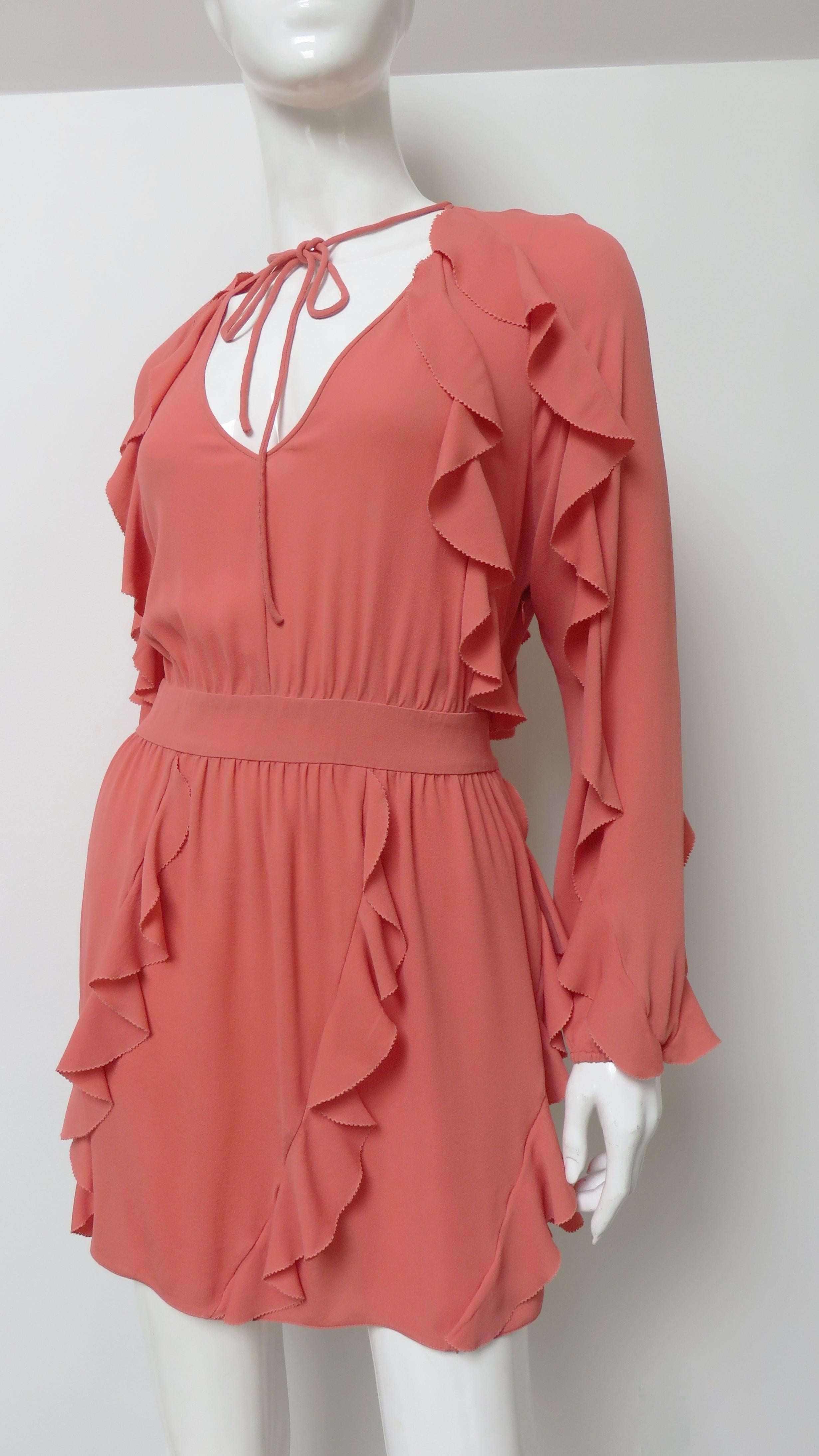 Valentino Coral Silk Ruffle Trim Dress For Sale 1