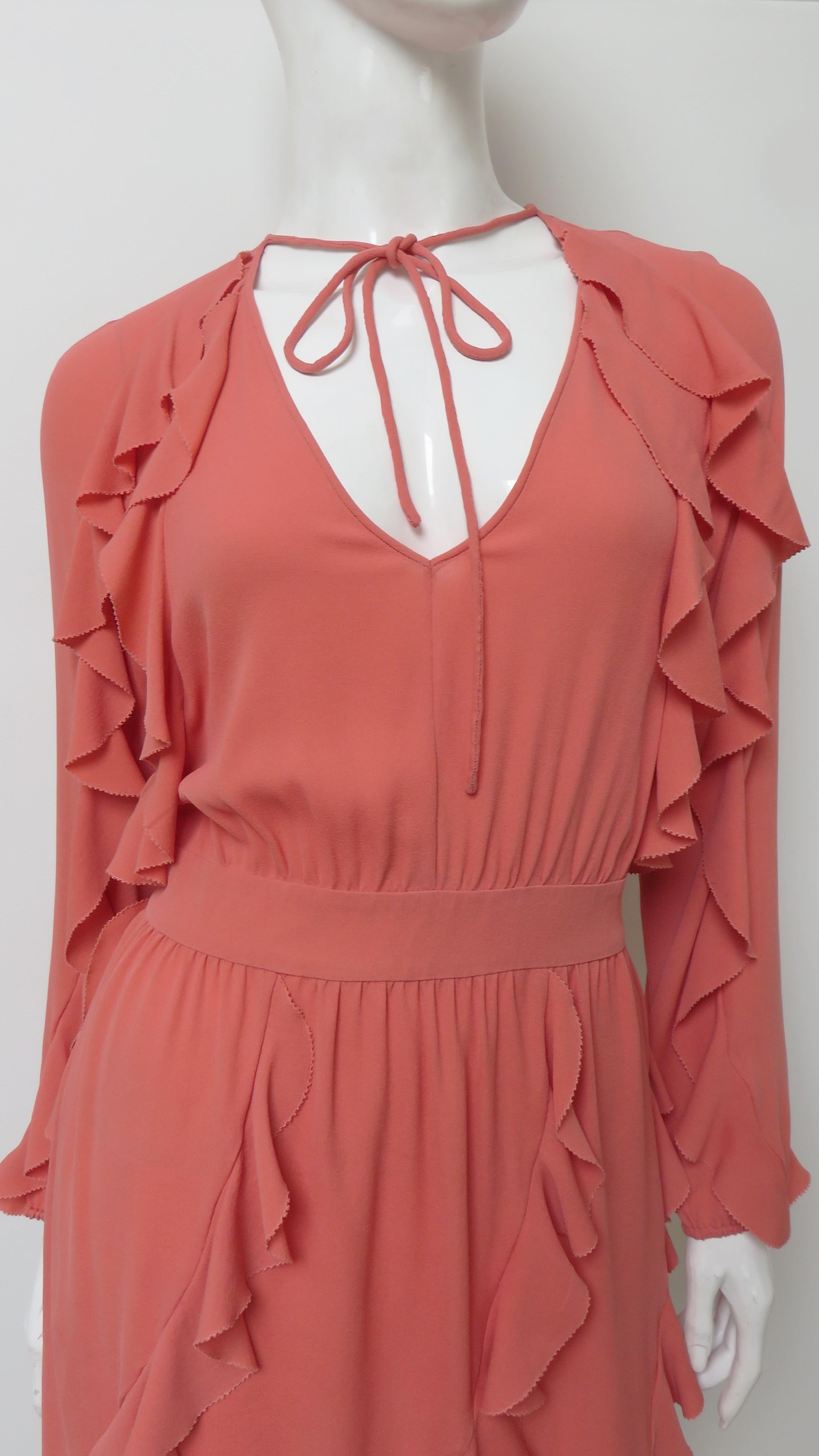 Valentino Coral Silk Ruffle Trim Dress For Sale 2