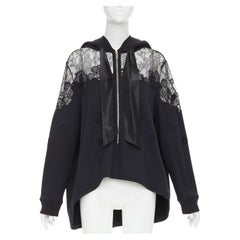 VALENTINO cotton sheer floral lace panel floral applique half zip zip hoodie M