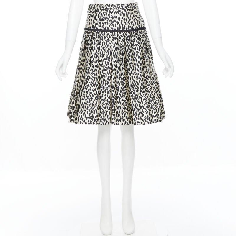 Gray VALENTINO cotton silk black white leopard spot print pleated flared skirt IT38