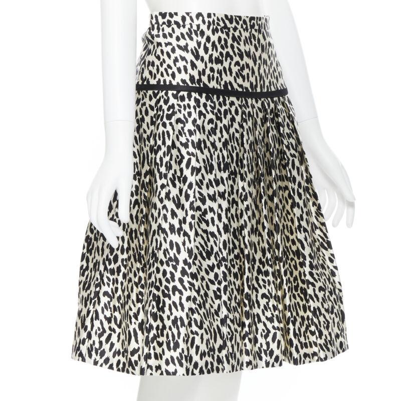 Women's VALENTINO cotton silk black white leopard spot print pleated flared skirt IT38