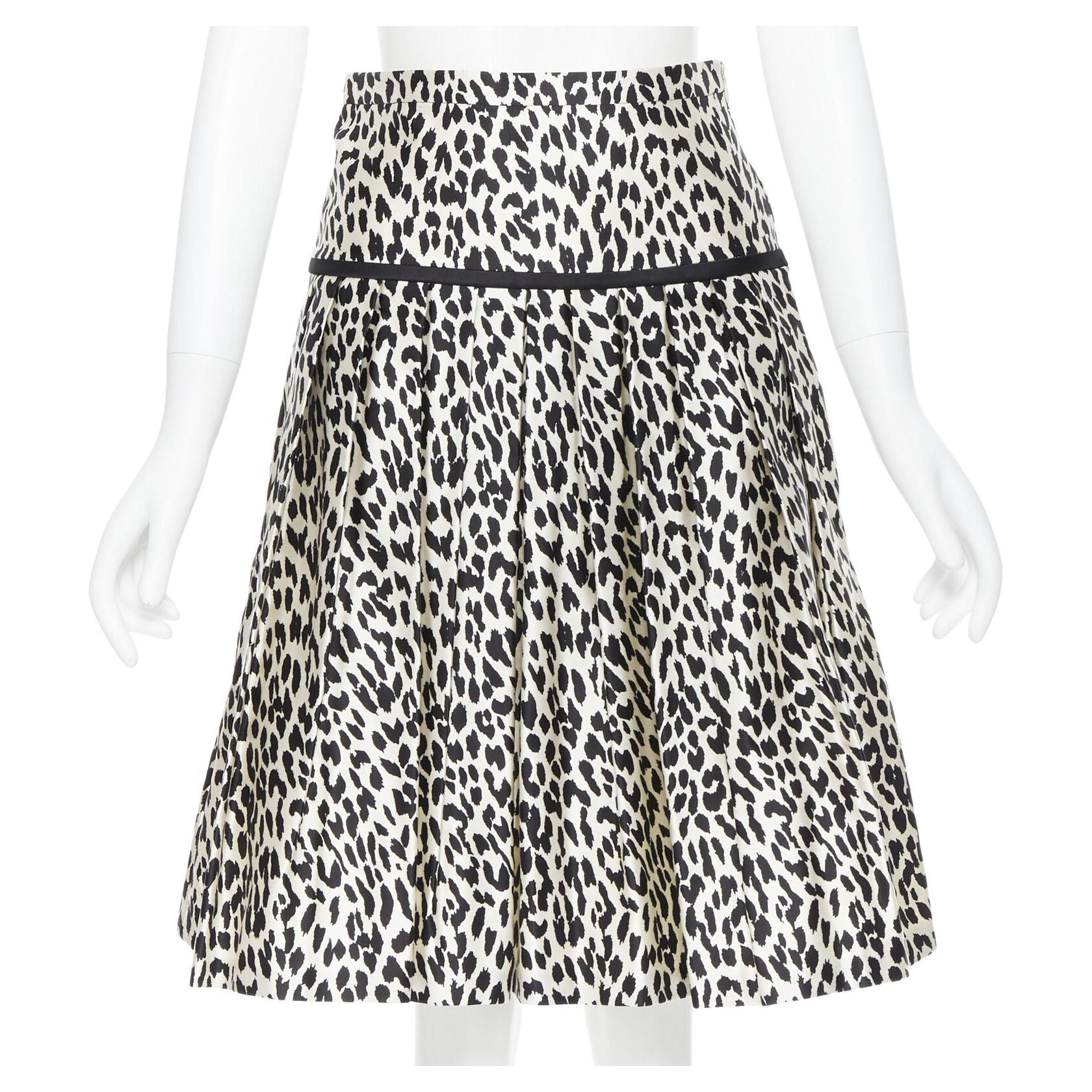 VALENTINO cotton silk black white leopard spot print pleated flared skirt IT38 For Sale