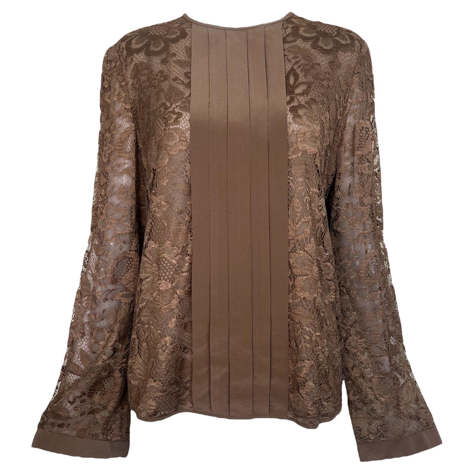 Camicetta a maniche lunghe in pizzo marrone cioccolato di Valentino Couture 1980