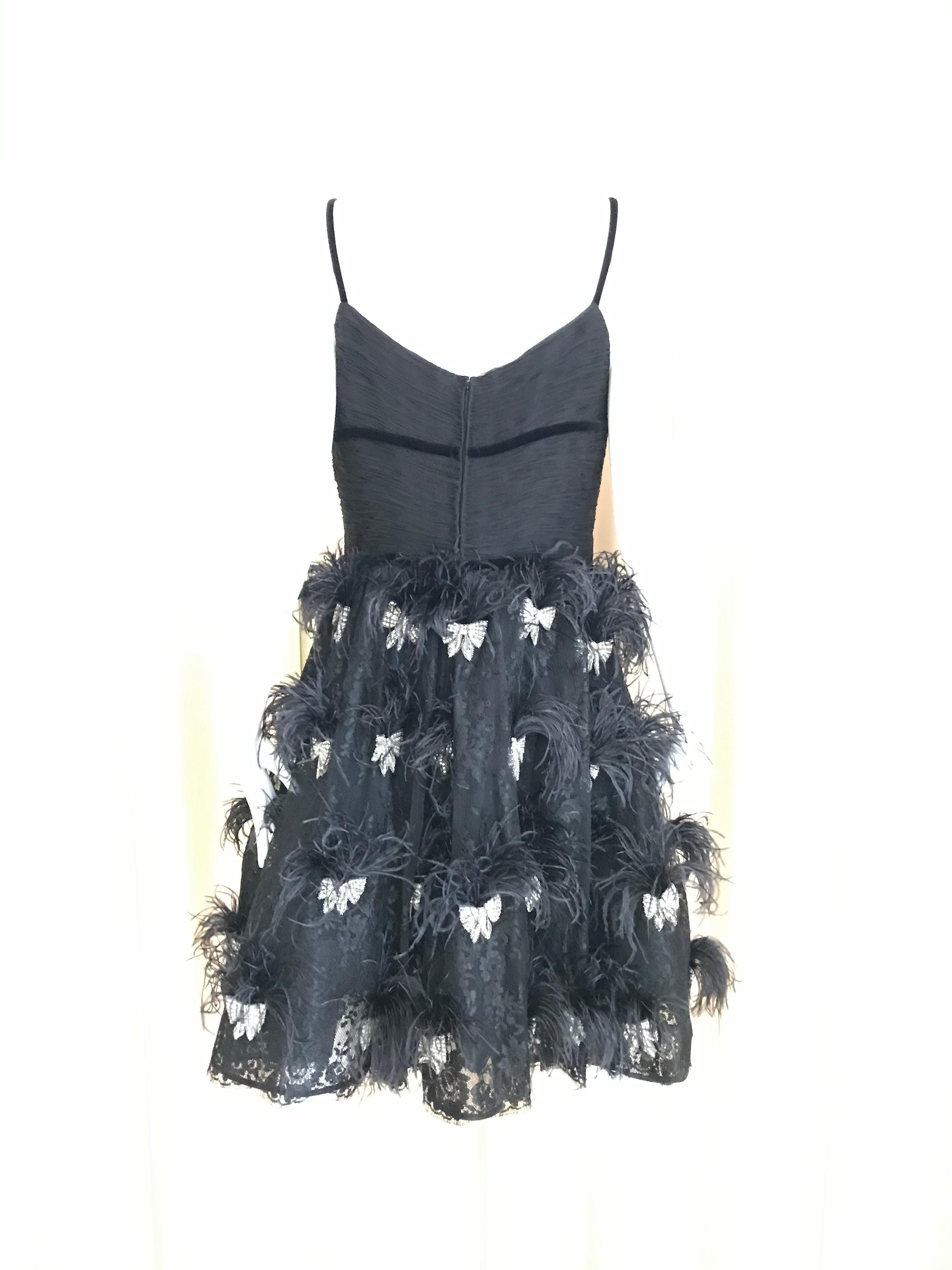 Valentino Couture Black Silk Spaghetti Strap Dress with Ostrich  For Sale 3