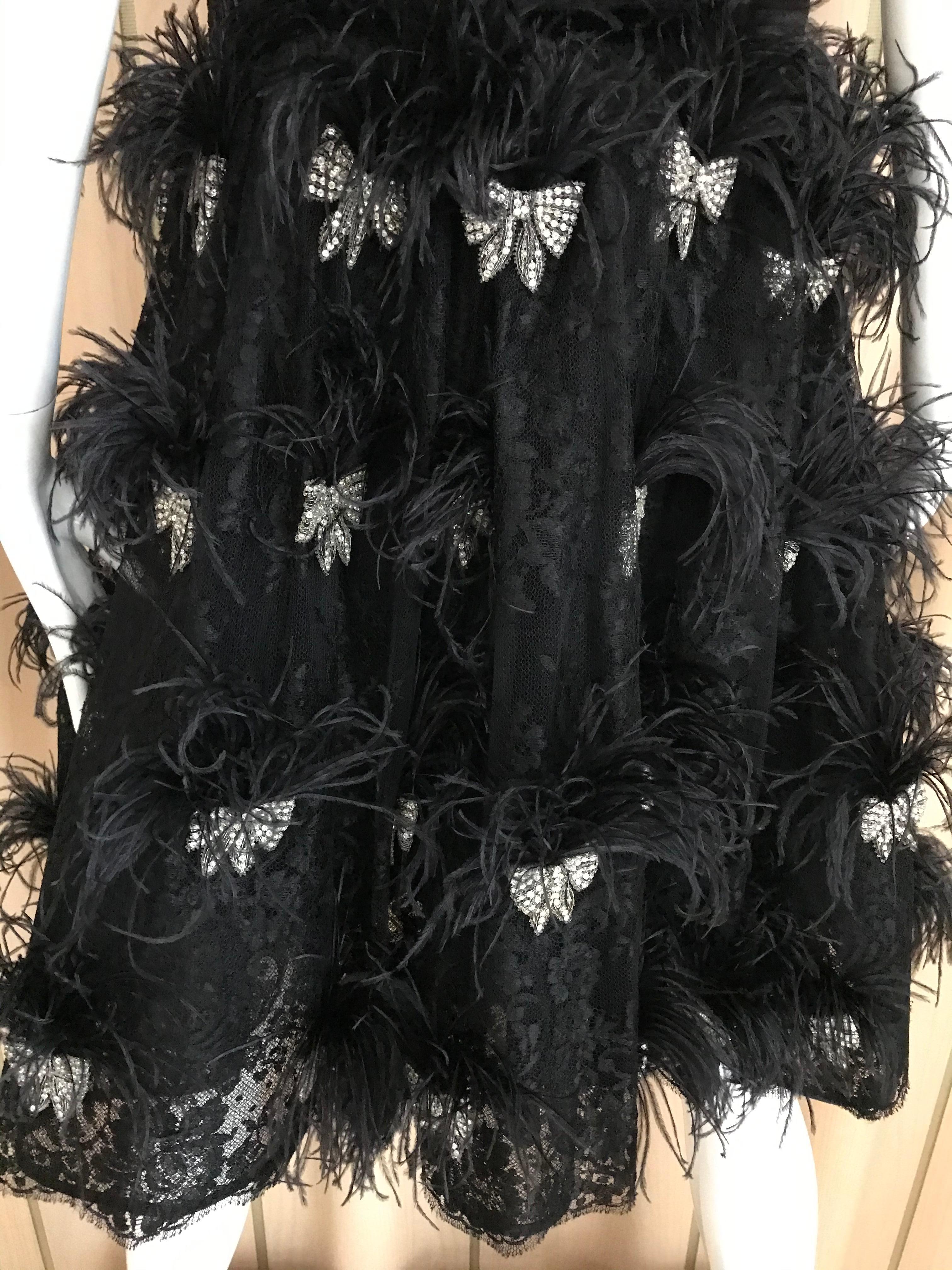 Valentino Couture Black Silk Spaghetti Strap Dress with Ostrich For Sale 4