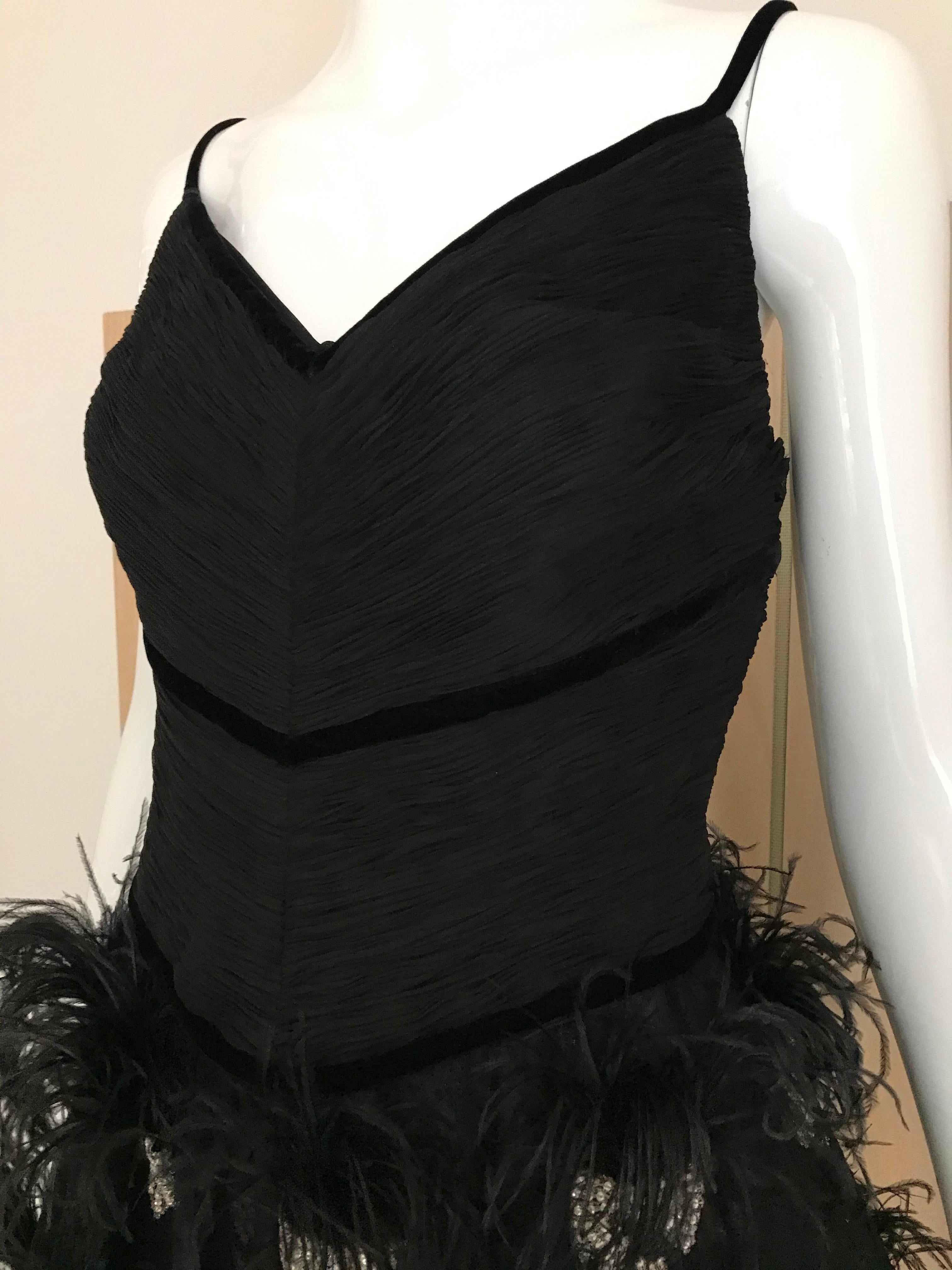 Valentino Couture Black Silk Spaghetti Strap Dress with Ostrich  In Excellent Condition For Sale In Beverly Hills, CA