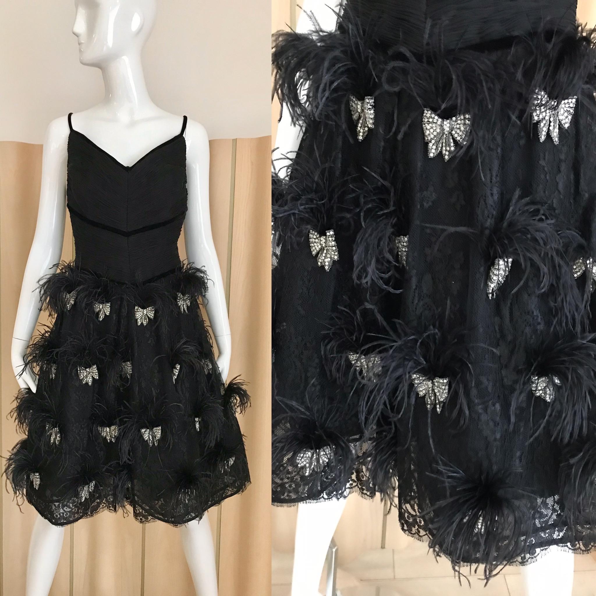 Women's Valentino Couture Black Silk Spaghetti Strap Dress with Ostrich  For Sale