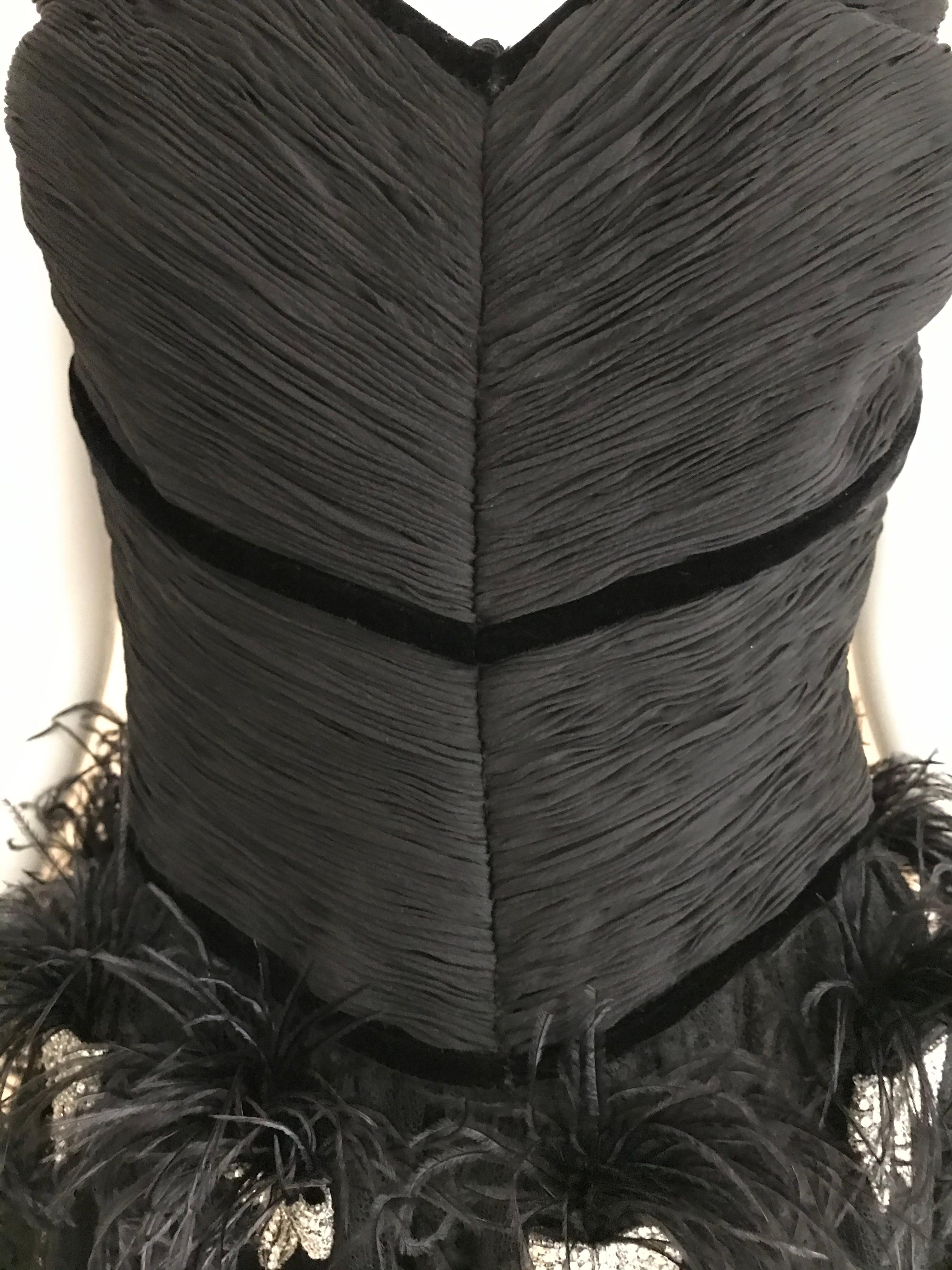 Valentino Couture Black Silk Spaghetti Strap Dress with Ostrich  For Sale 1