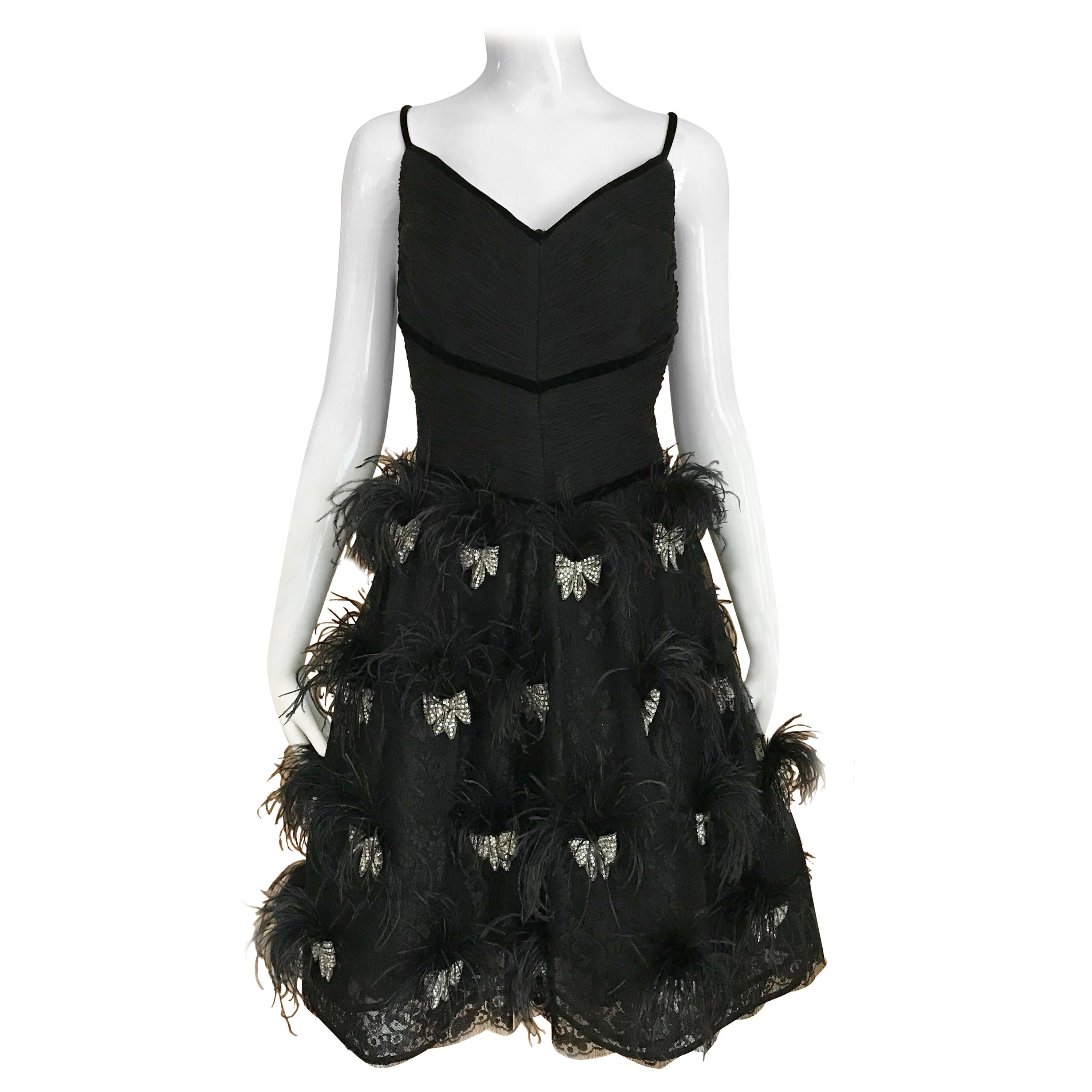 Valentino Couture Black Silk Spaghetti Strap Dress with Ostrich  For Sale