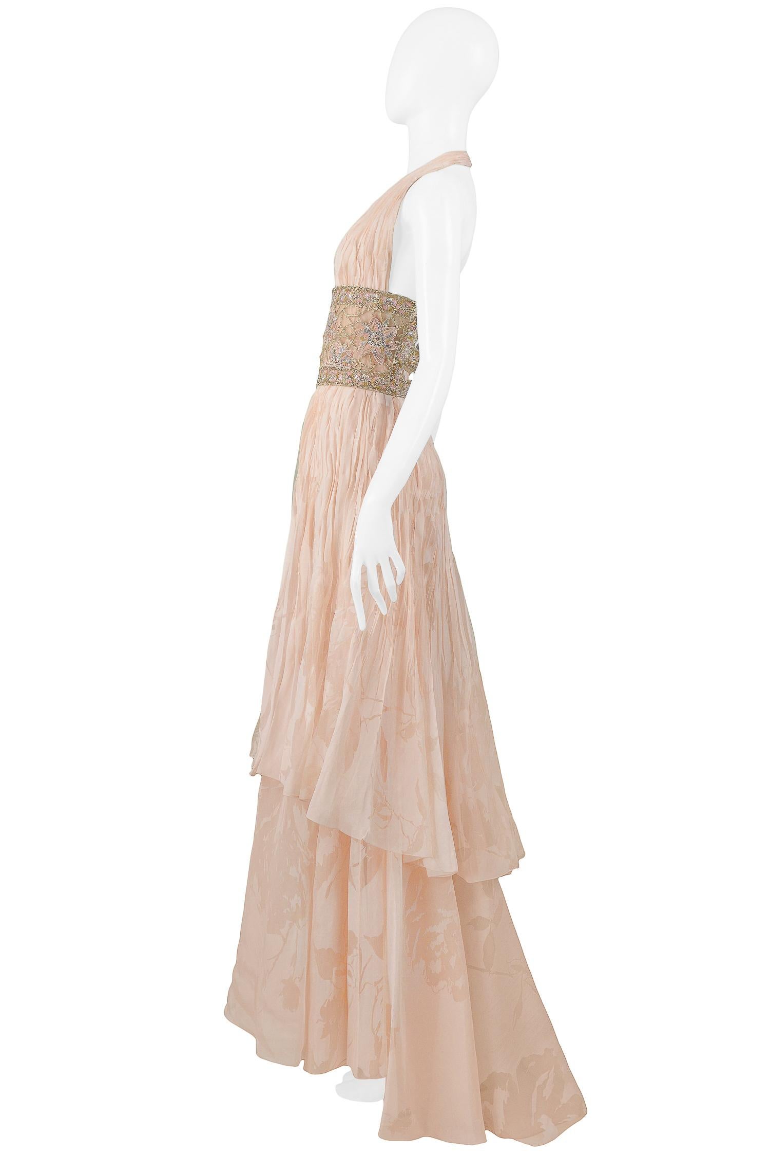 Beige Valentino Peach Floral Silk Runway Evening Gown with Beaded Belt 2007