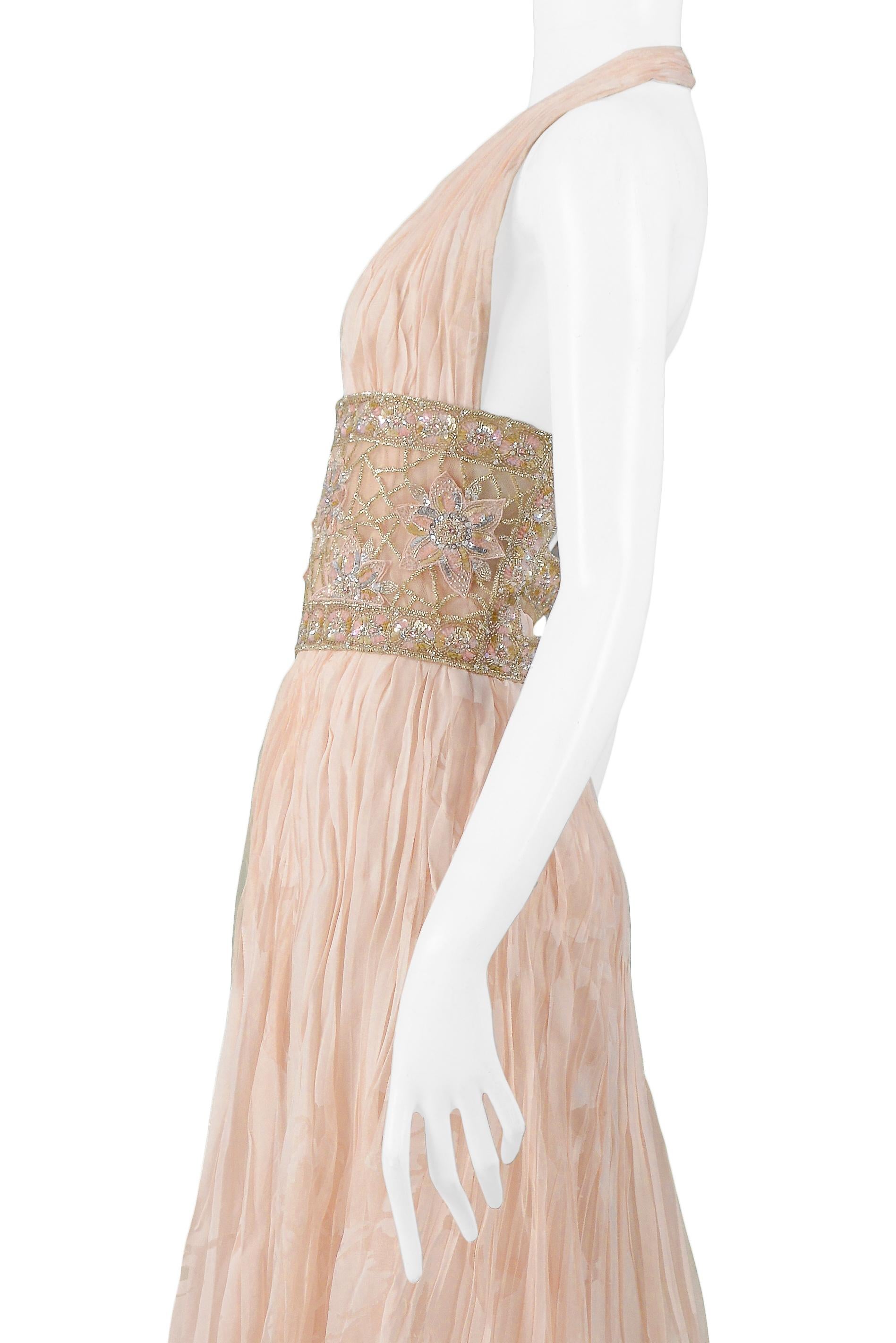 Valentino Peach Floral Silk Runway Evening Gown with Beaded Belt 2007 In Excellent Condition In Los Angeles, CA