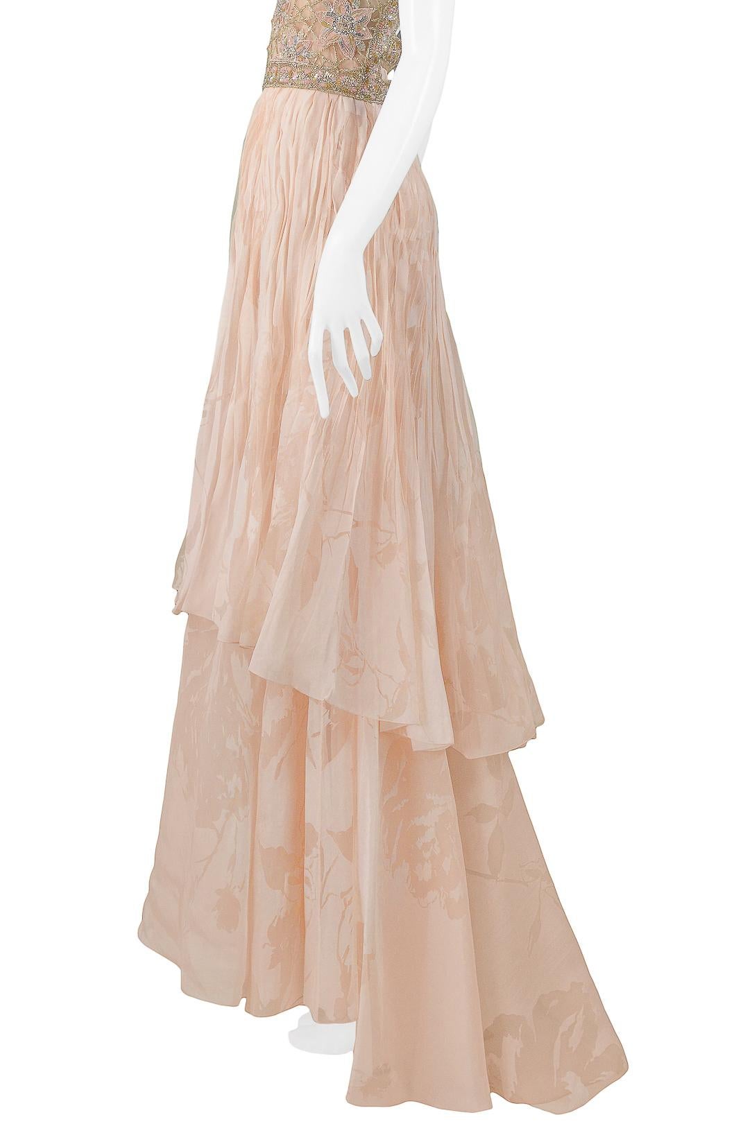 Women's Valentino Peach Floral Silk Runway Evening Gown with Beaded Belt 2007